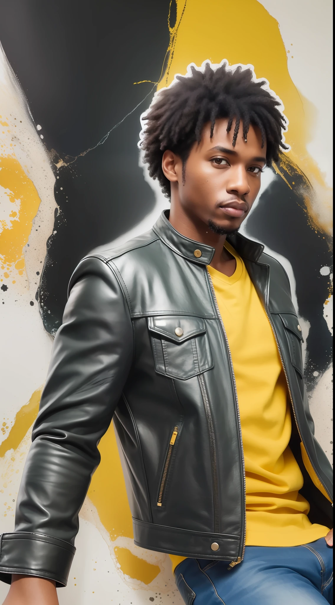 A black man with black hair and light green eyes, wearing yellow leather jacket, blue jeans and brown dress shoes, with scattered outlines and white background, intricate details, low key, watercolor, splash