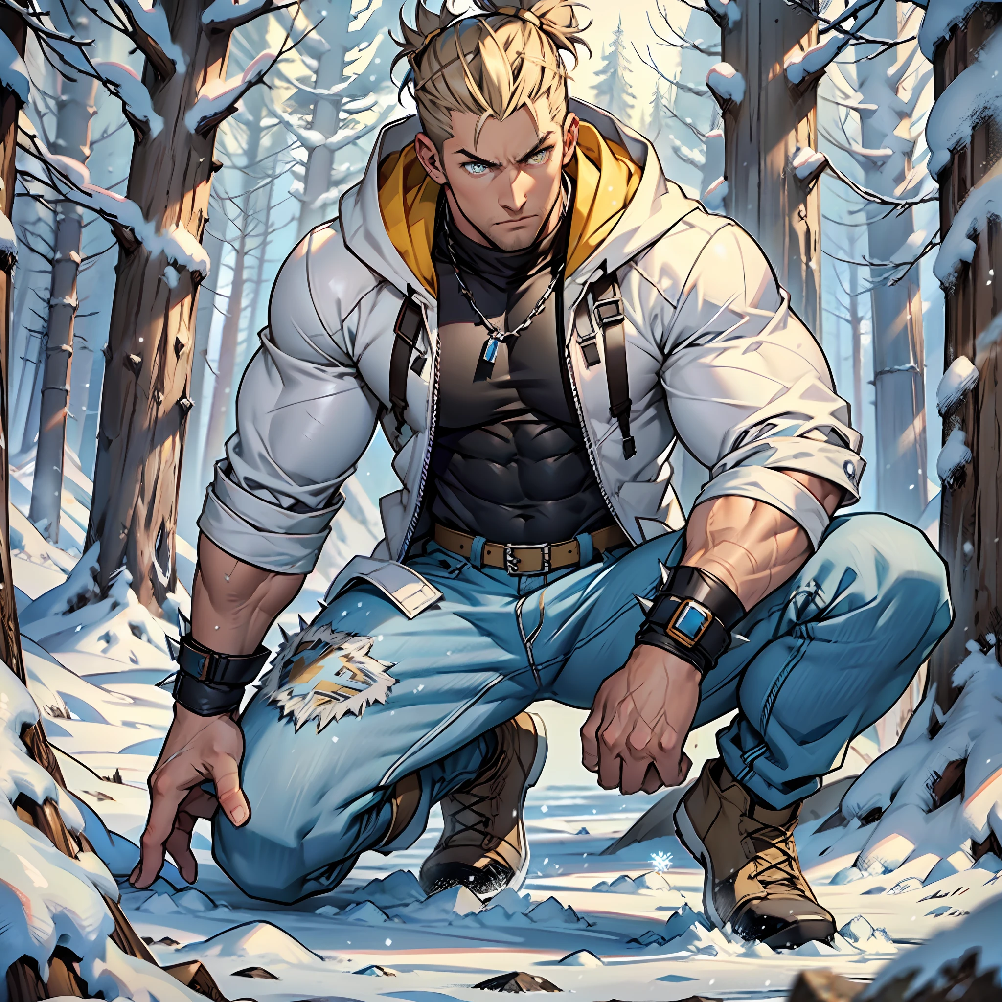 Muscular man, strong physique, gray hooded jacket, long light blue pants, white boots, spiky brown hair, spiky topknot, short hair, light yellow colored eyes, outgoing appearance, white bands on hands, excited look, forest full of snow and frozen, frozen animals, man in his 30s.
