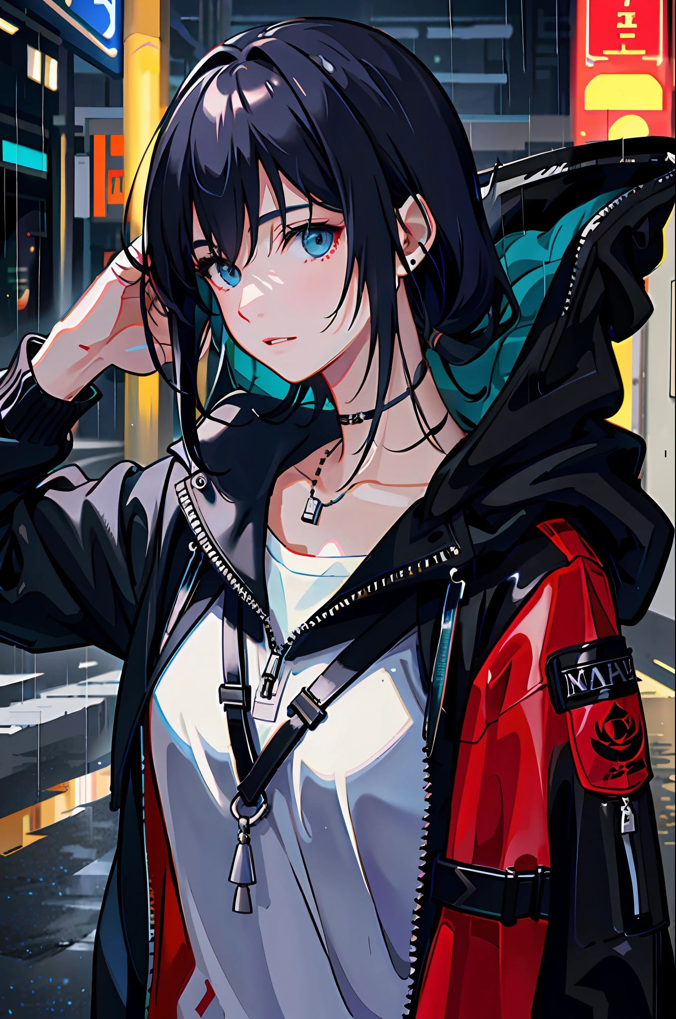 1girl, jacket, rain, outdoor, hoodie, open jacket, chain, backpack, looking at another, messy hair, trending on artstation, 8k resolution, highly detailed, anatomically correct, sharp image, digital painting, concept art, trending on pixiv, style of makoto shinkai,
