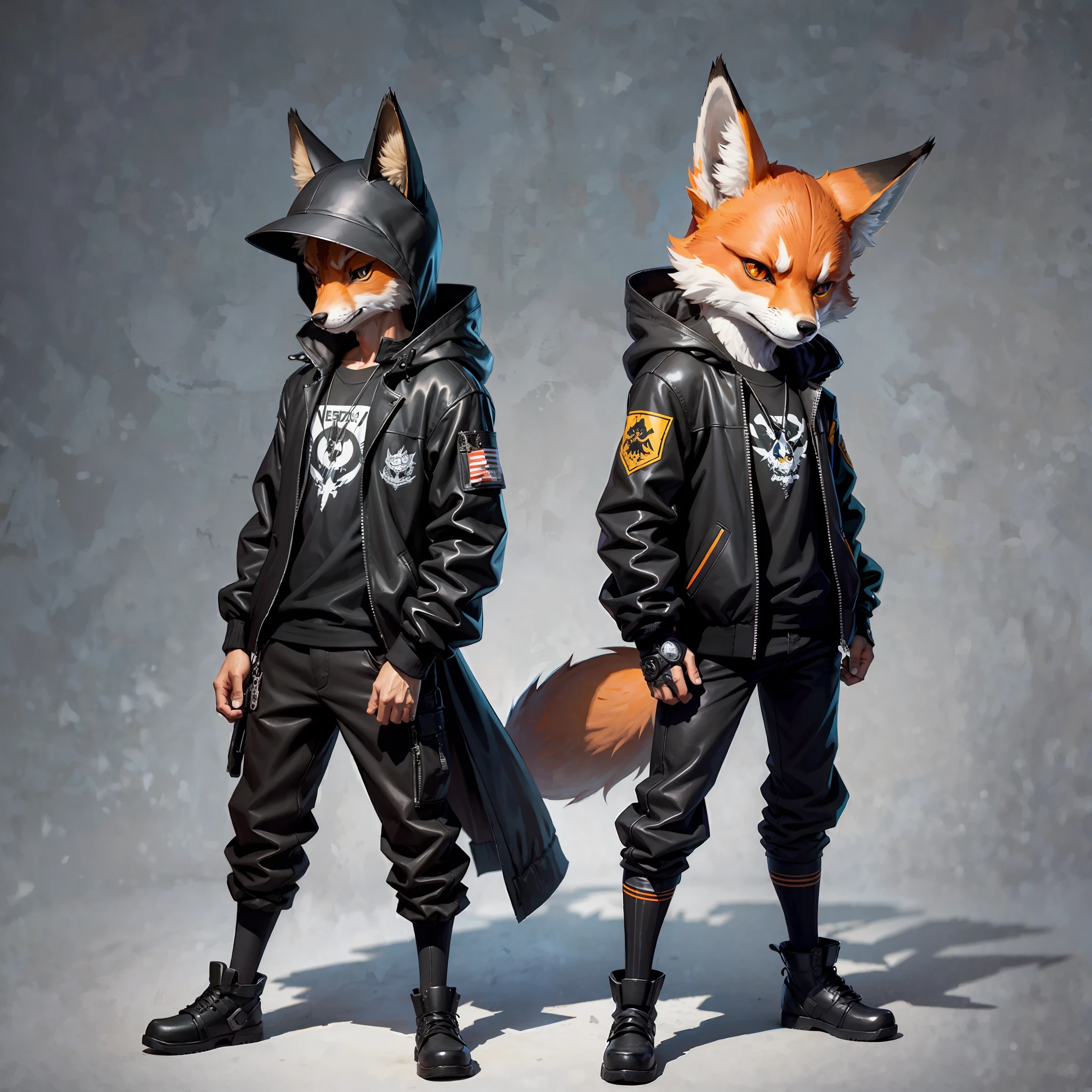 character standing looking forward, anthropomorphic fox, cartoon, with black jacket, metalhead, bad boy, cute, cute, short, dreamworks 2d, painting