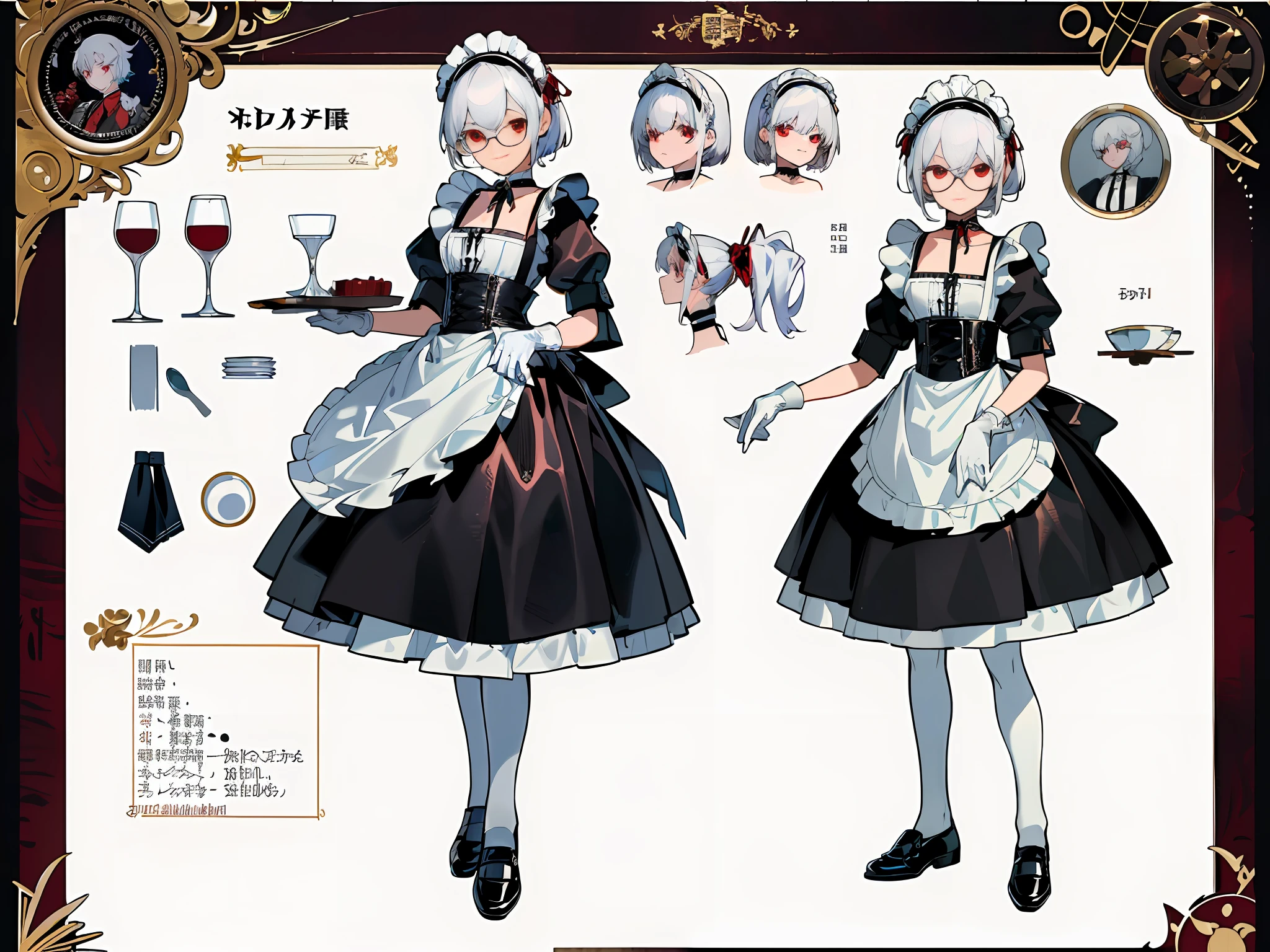 (Masterpiece, best quality) detailed, character sheet, character sheet, many items (the same person, maid headdress, maid apron, choker, black leather shoes, white gloves, wine glasses, plates, decorations, many parts), maid, carefully good-looking red eyes, perfectly good-looking face, white hair, bangs, full of details,