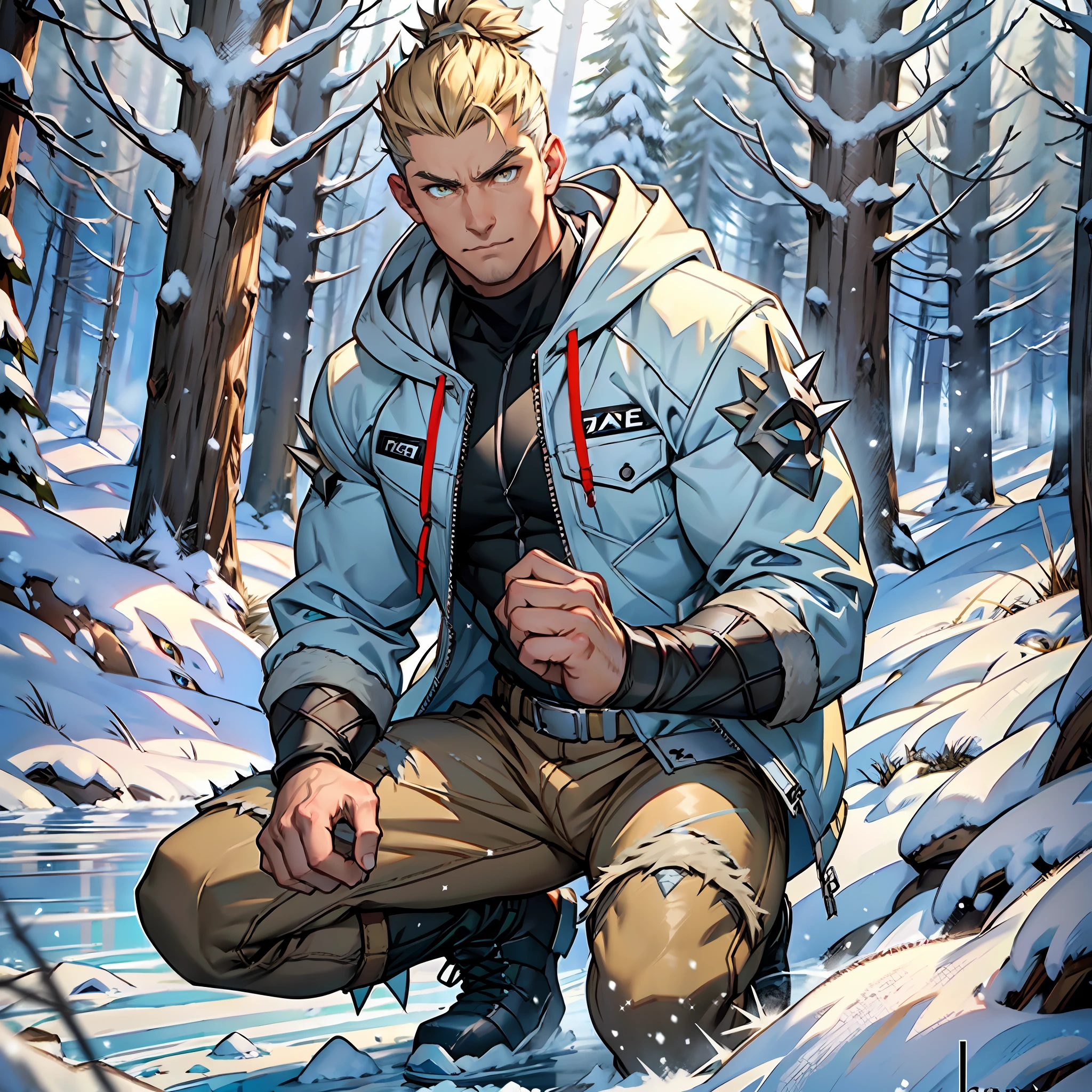 Muscular man, strong physique, gray hooded jacket, long light blue pants, white boots, spiky brown hair, spiky topknot, short hair, light yellow colored eyes, outgoing appearance, white bands on hands, excited look, forest full of snow and frozen, frozen animals, man in his 30s.