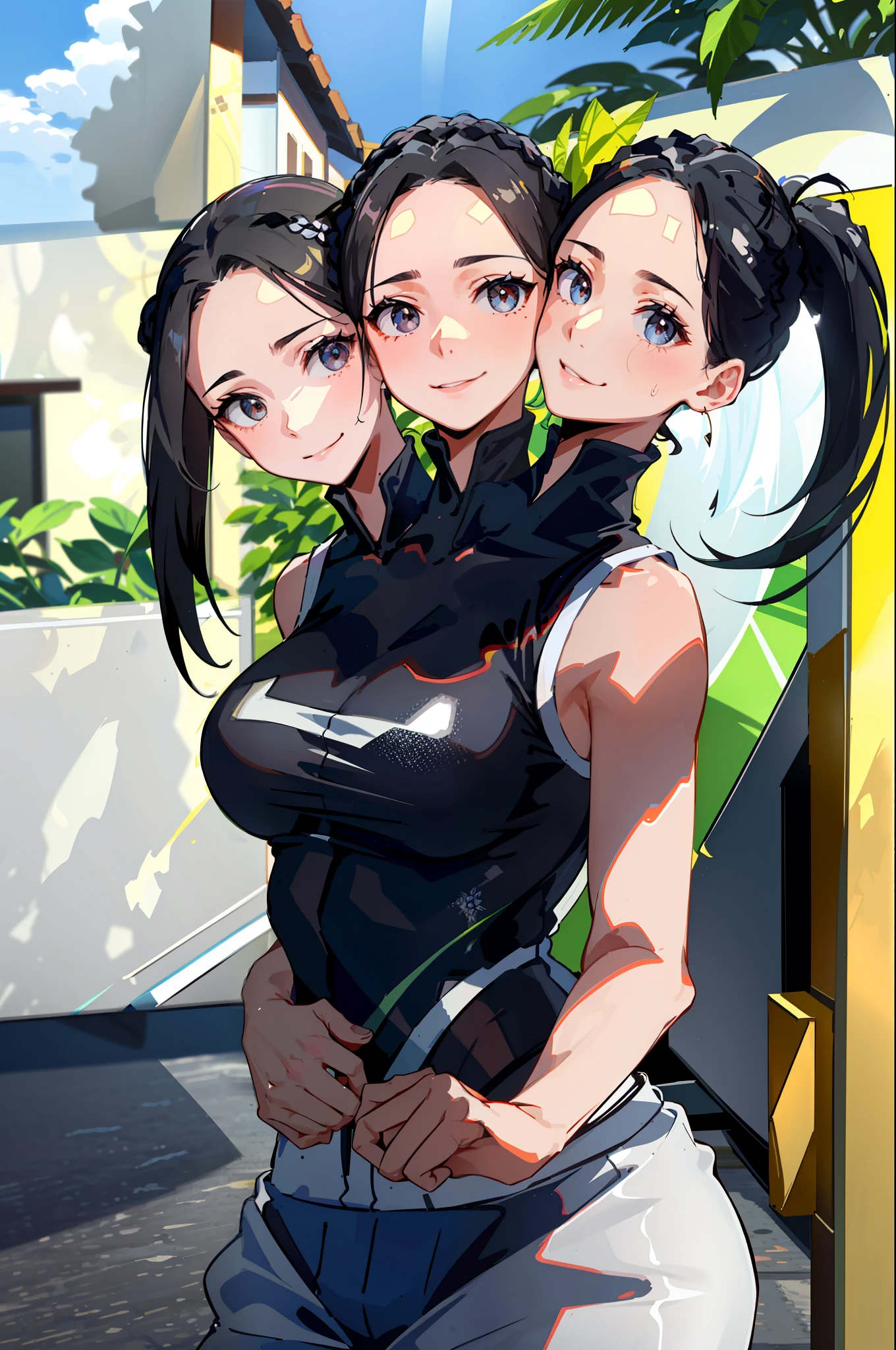 3heads, best quality, masterpiece
3 girls, black hair, identical hair color, same eye color, necks side by side, necks evenky spaced on shoulders, smiling, running, gym uniform, sweatpants, outdoors
((three heads, 3head):1.5)