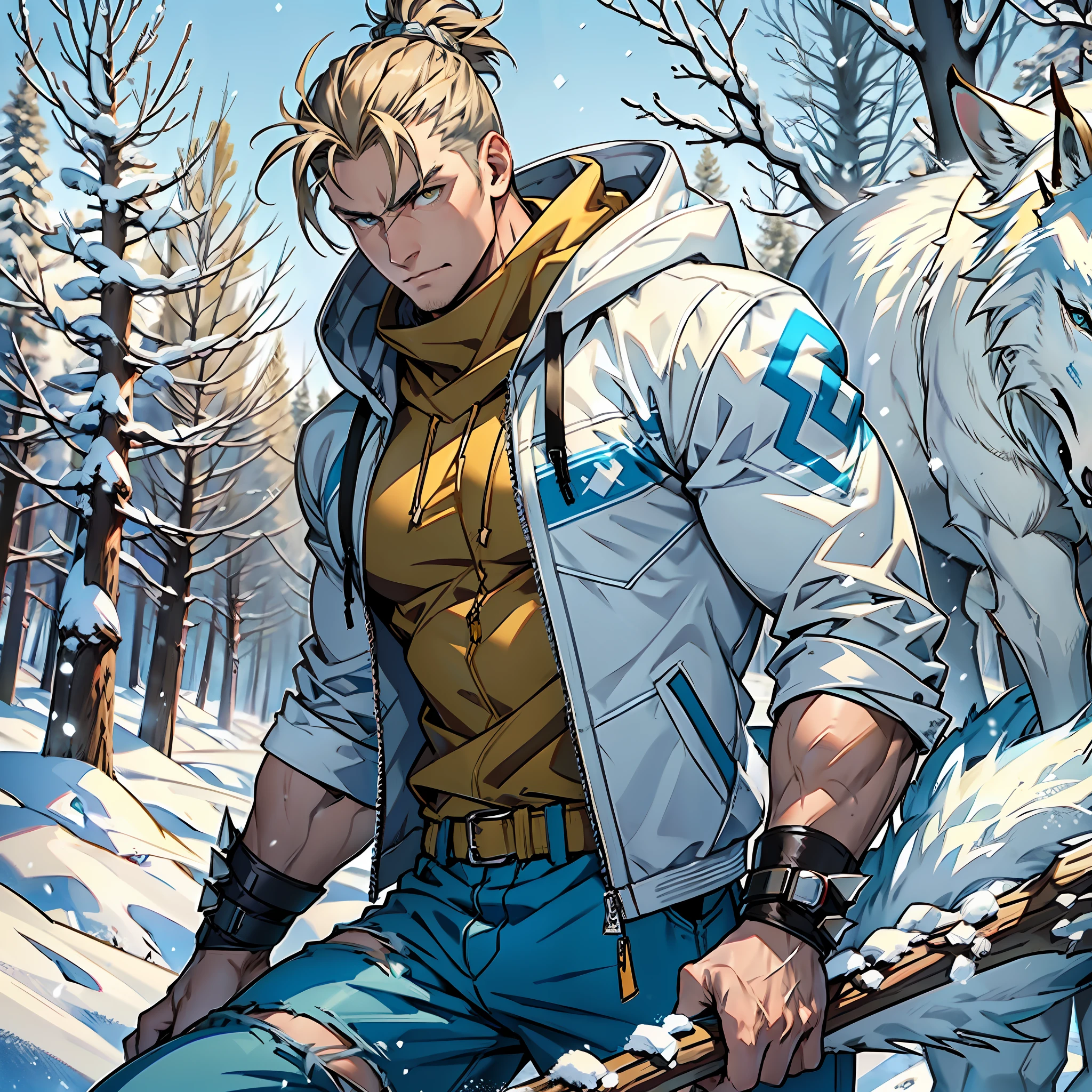 Muscular man, strong physique, gray hooded jacket, long light blue pants, white boots, spiky brown hair, spiky topknot, short hair, light yellow colored eyes, outgoing appearance, white bands on hands, excited look, forest full of snow and frozen, frozen animals, man in his 30s.