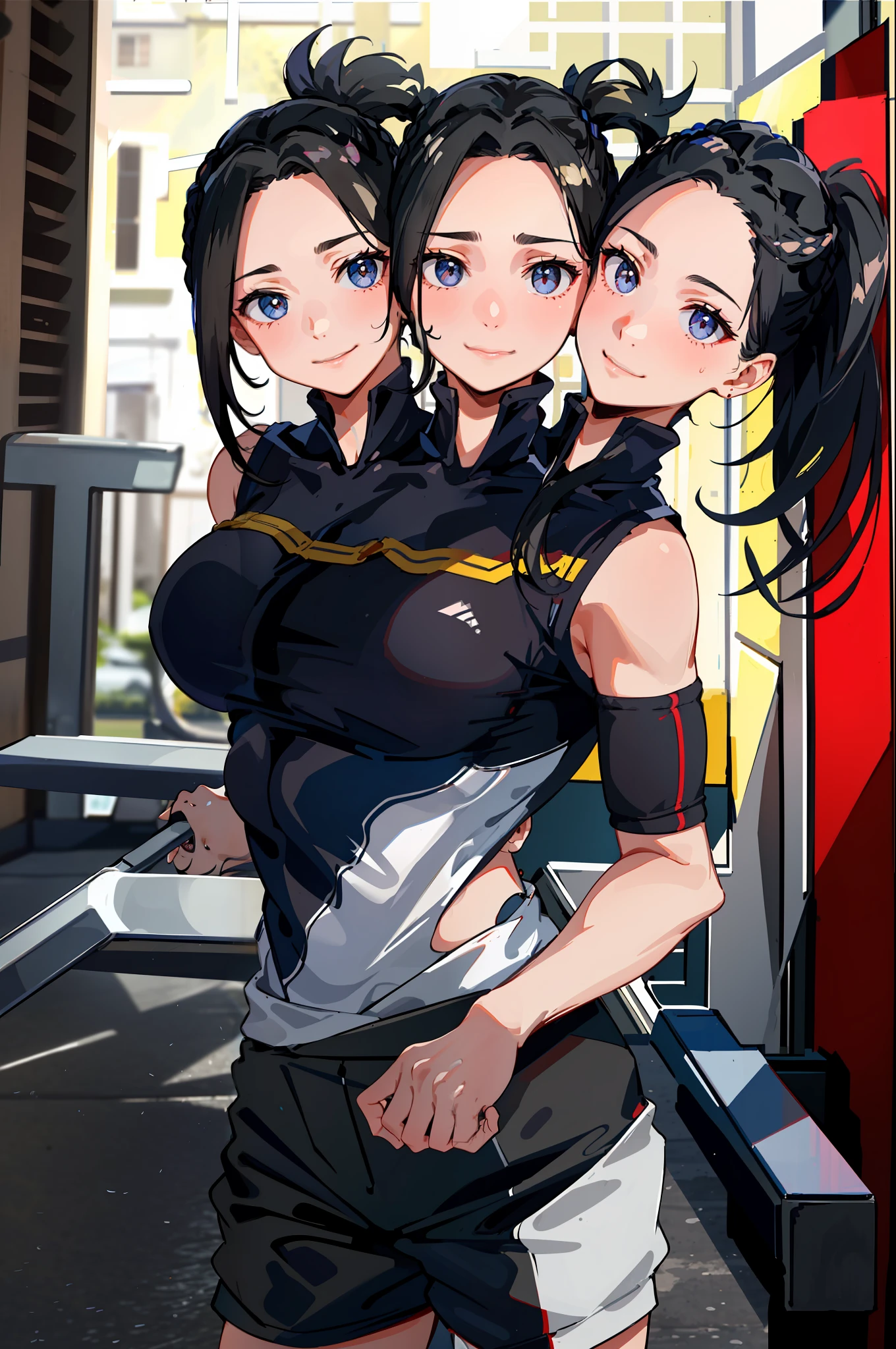 3heads, best quality, masterpiece
3 girls, black hair, identical hair color, same eye color, necks side by side, necks evenky spaced on shoulders, smiling, running, gym uniform, sweatpants, outdoors
((three heads, 3head):1.5)