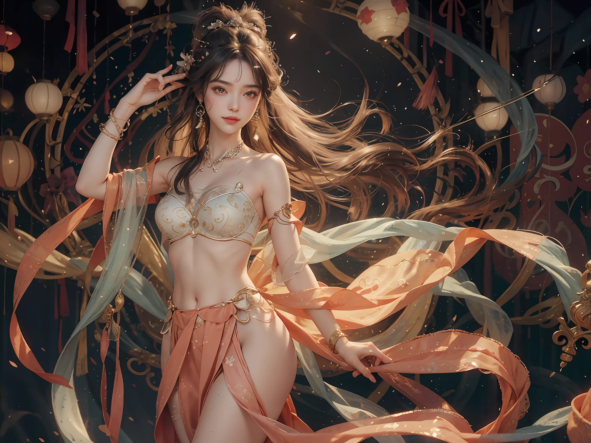 (RAW Photo, Best Quality), (Realistic, Photorealistic Real: 1.3), Best Quality, Highly Detailed, Masterpiece, Ultra Detailed, Illustration, 1 Girl, Floating, Dynamic Angle, World Mastery Theater, messy_long_hair, Best Quality, Extremely Delicate Beautiful Girl, Supple Fair Skin, Delicate Facial Features, Perfect Face, Sexy Collarbone, Delicate Forehead, Delicate Eyelashes, Delicate Eyes, Bare Shoulders, Stunning Beauty, Extreme Details, Realistic Details, Abdomen, Navel, Extremely detailed CG, 8k wallpaper, ink, amazing, sexy, peach blossom eye makeup, light makeup, smile, movie lights, lens_flare, dunhuang_style, delicate headdress, delicate earrings, delicate bracelets, waist chains, in-law dance, bare shoulders, streamers, floating, lanterns, flying pipa girl, material reflective