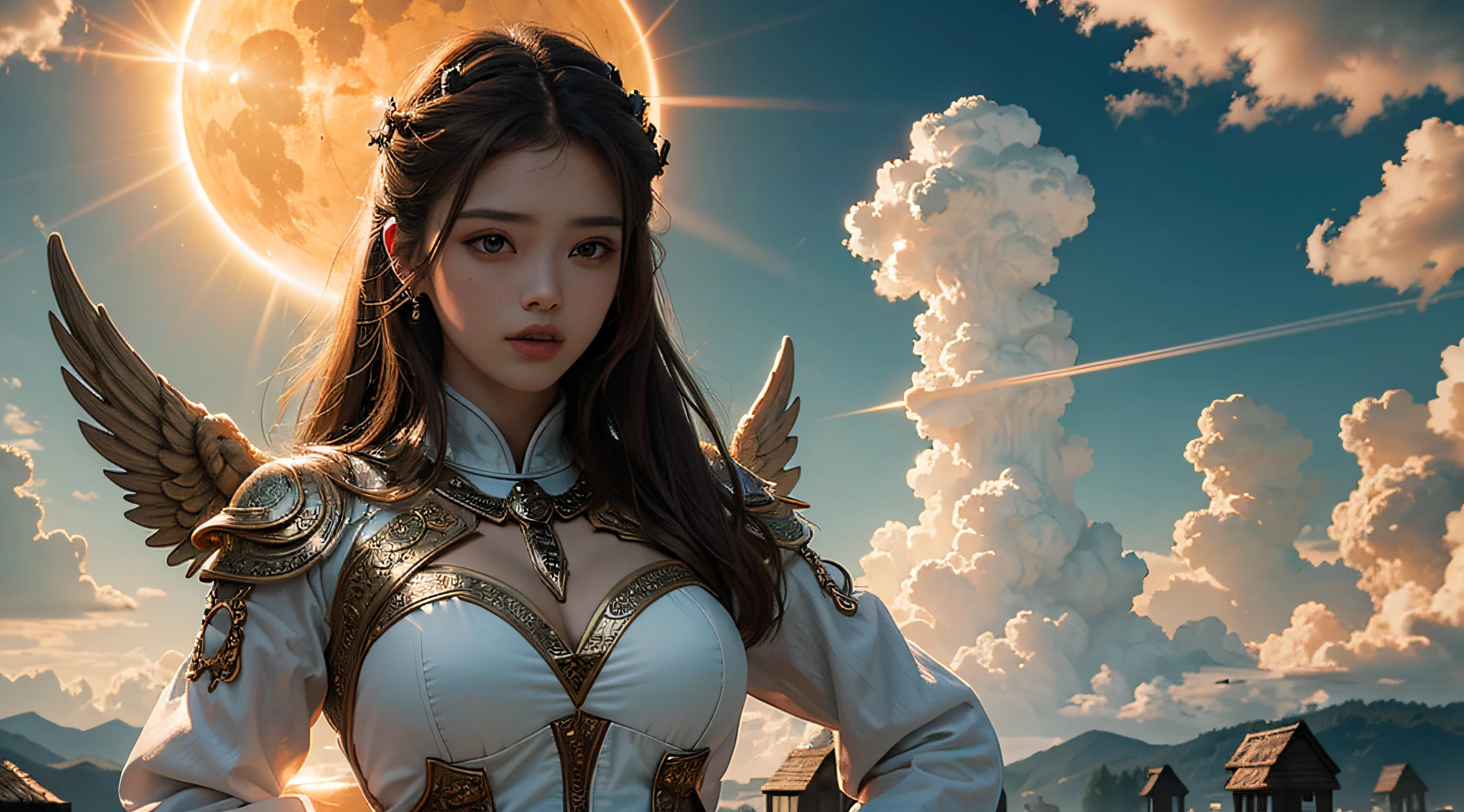 masterpiece, best quality, 8k wallpaper unit, ultra detailed, angels, solar disk, divine intervention, clouds