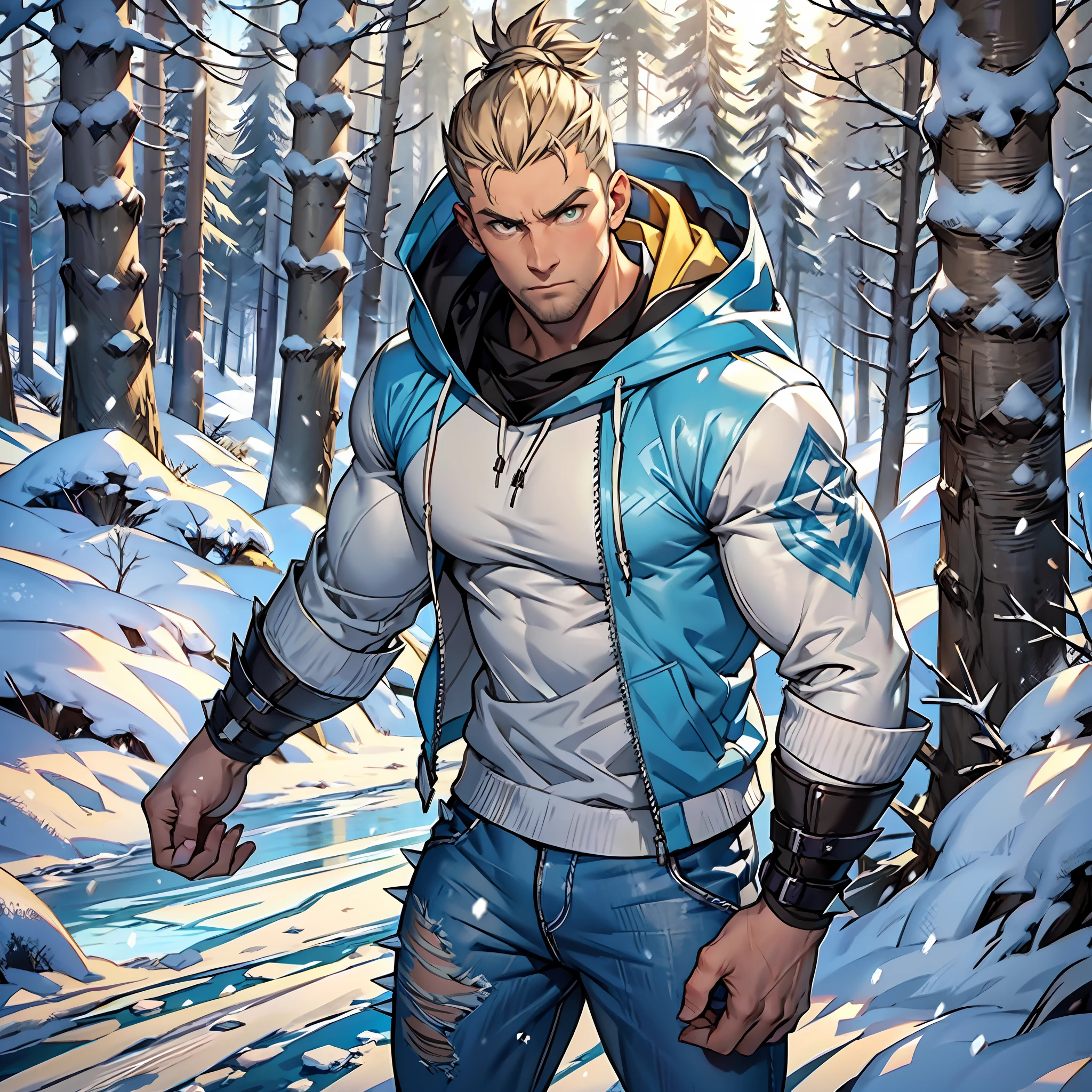 Muscular man, strong physique, gray hooded jacket, long light blue pants, white boots, spiky brown hair, spiky topknot, short hair, light yellow colored eyes, outgoing appearance, white bands on hands, excited look, forest full of snow and frozen, frozen animals, man in his 30s.