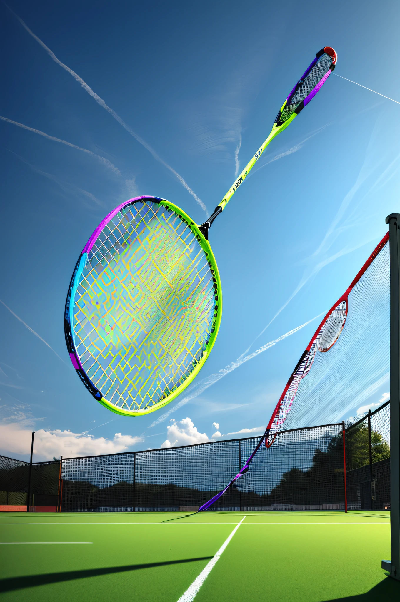 This image is arranged horizontally, and the main character of the whole picture is a badminton racket with a cyan-purple gradient, which is located in the center of the frame. The shape of the racket is very unique, its handle is very elongated, and there is a round bulge in the middle that looks like a button. The head of the racket is flat, with a thin bright yellow thin line on it, and a bright red badminton is tied to each end of the line, and the shape of the ball is very beautiful, which looks very much in line with people's expectations of badminton. The colors of the entire racket are very vivid, with a gradient from cyan to purple, and the transition between colors is natural, making people feel very comfortable and pleasant.
Around the racket, there is a green meadow, and the sunlight is just right, making the whole picture look very bright and fresh. On the grass, you can see some flowers and some small animals, such as a small bird and a small squirrel, they look lively and add to the vitality and fun of the whole picture. At the bottom of the screen, there is also a light-colored watermark with the make and model information of the racket, so that people can learn more about it. The whole picture is very clear, you can see every detail clearly, and at the same time make people feel the beauty of movement and nature.