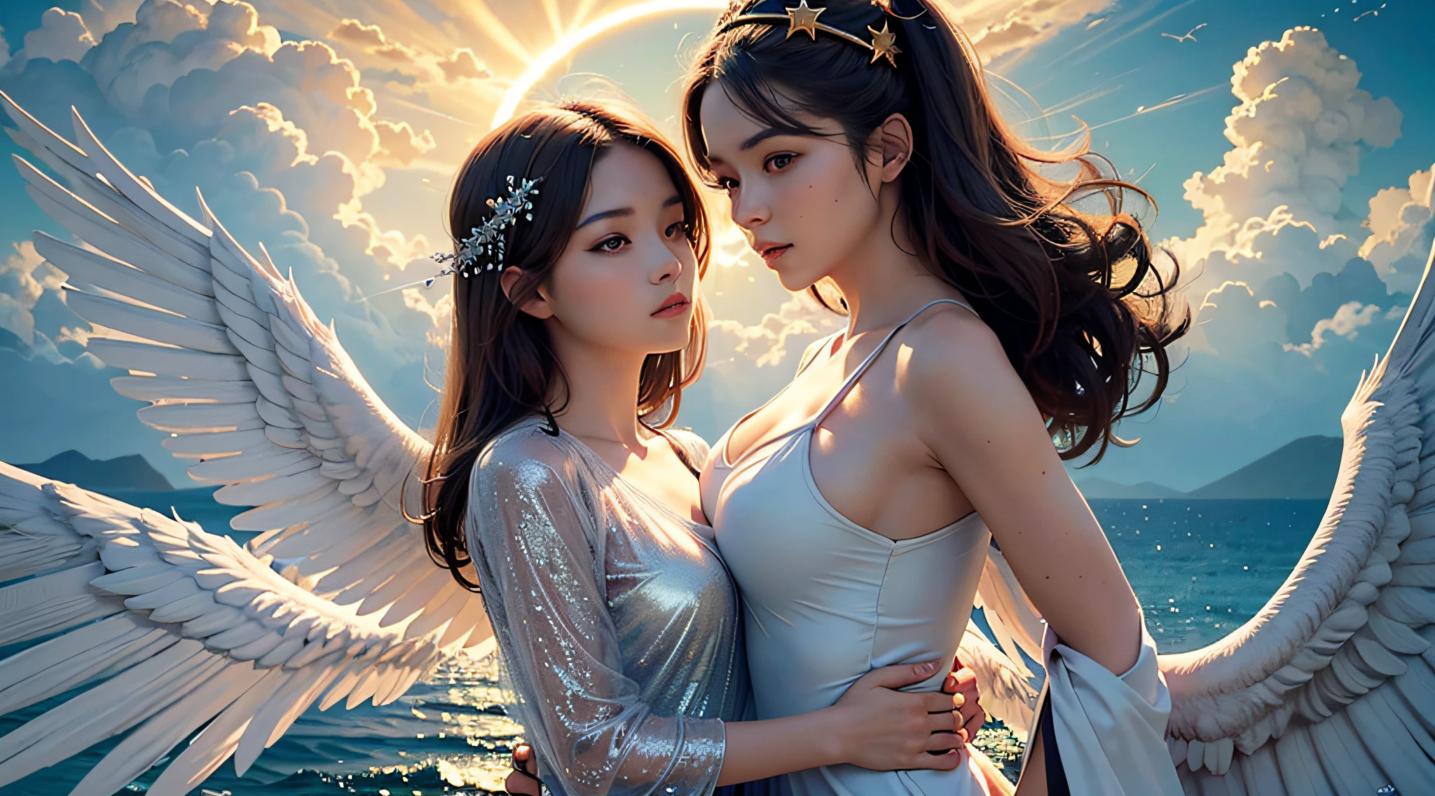 masterpiece, best quality, 8k wallpaper unit, ultra detailed, angels, solar disk, divine intervention, clouds