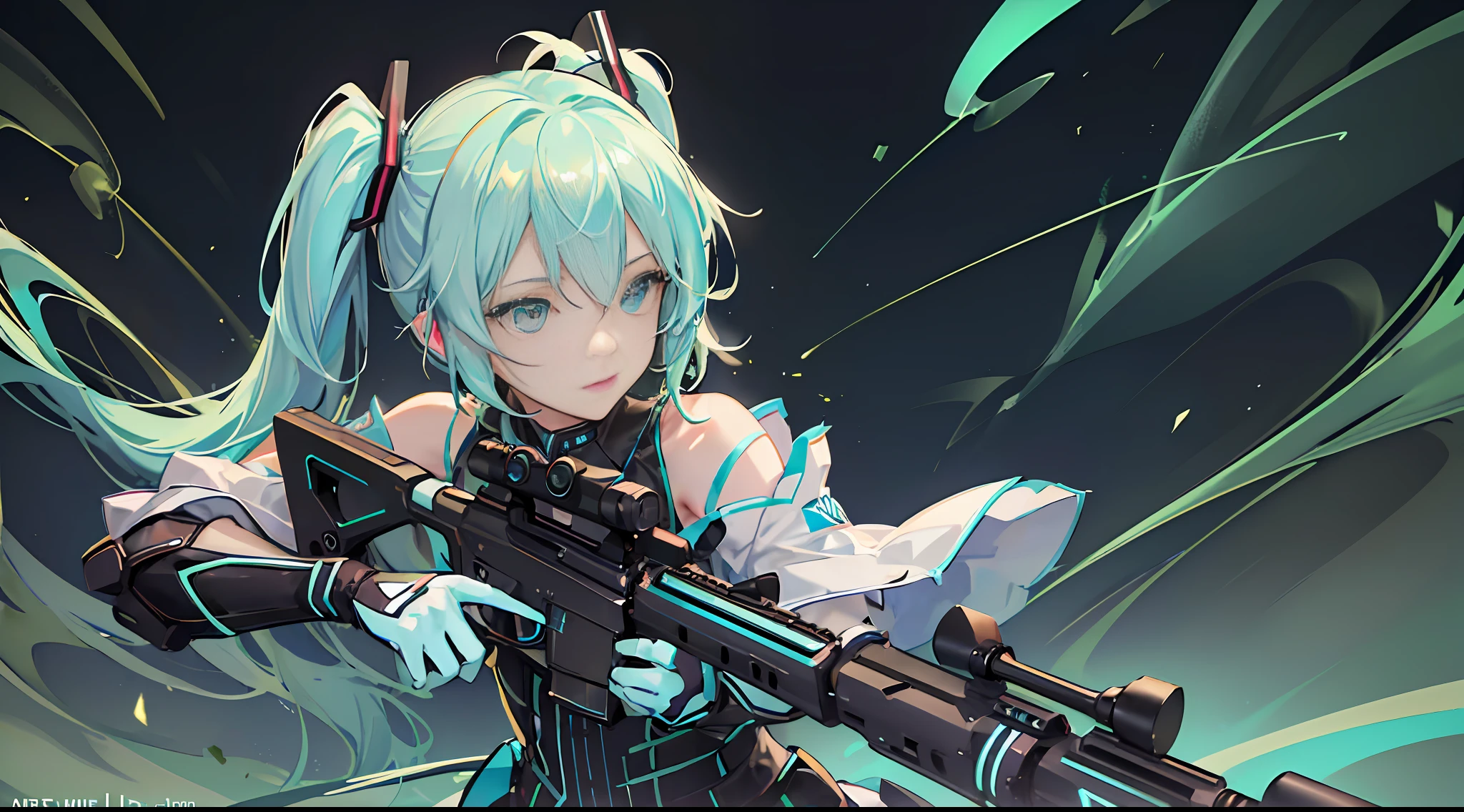 (High quality): Hatsune Miku (Soul Song Version), Electro, Backlit Stroke, Glass Light, Brilliant (Glow Color), (Rhythm Glow, Soft Glow: 0.8), (Flow Smoke: 1.2), Black Leather, White Glow, Barrett Sniper Rifle (Magazine), Static Pose, Neon World, HD Texture, Visual Impact, Modernity