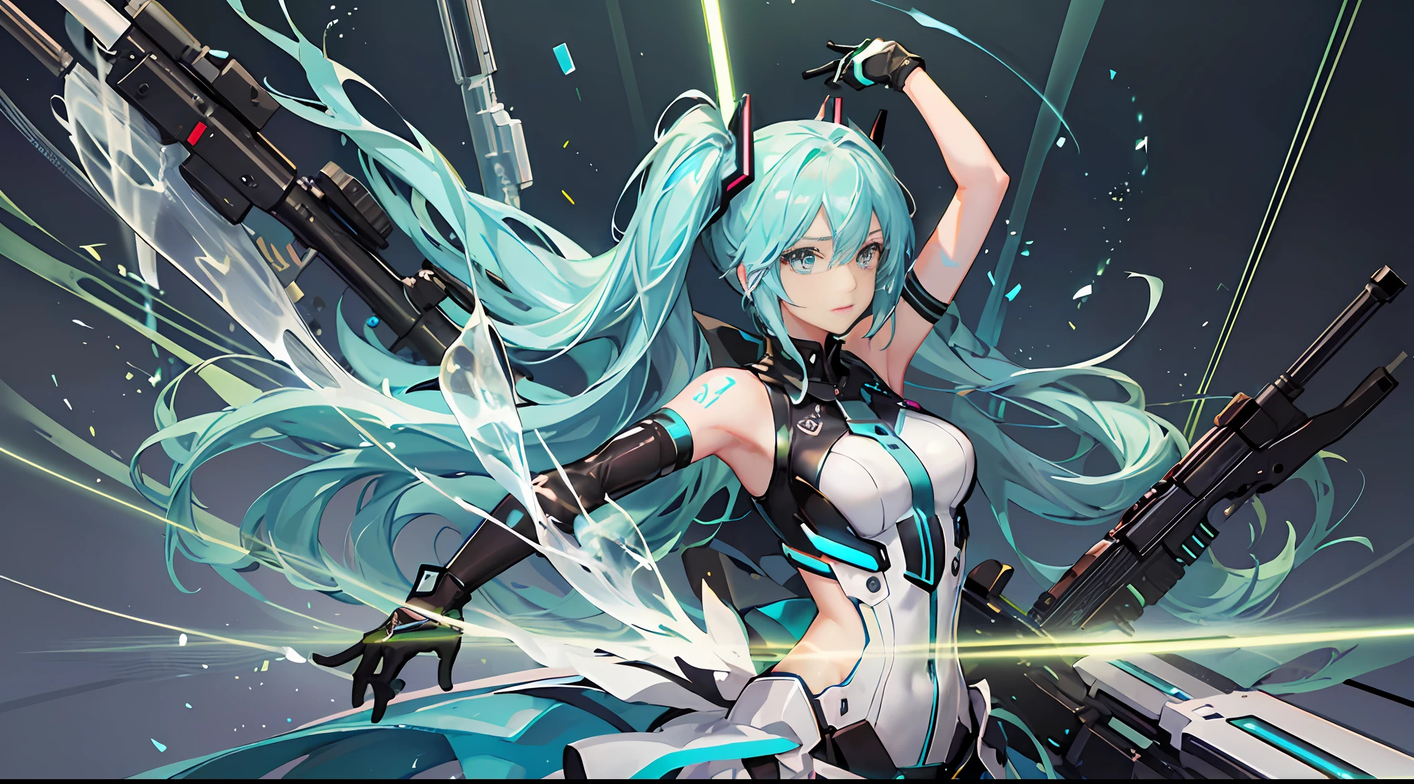 (High quality): Hatsune Miku (Soul Song Version), Electro, Backlit Stroke, Glass Light, Brilliant (Glow Color), (Rhythm Glow, Soft Glow: 0.8), (Flow Smoke: 1.2), Black Leather, White Glow, Barrett Sniper Rifle (Magazine), Static Pose, Neon World, HD Texture, Visual Impact, Modernity