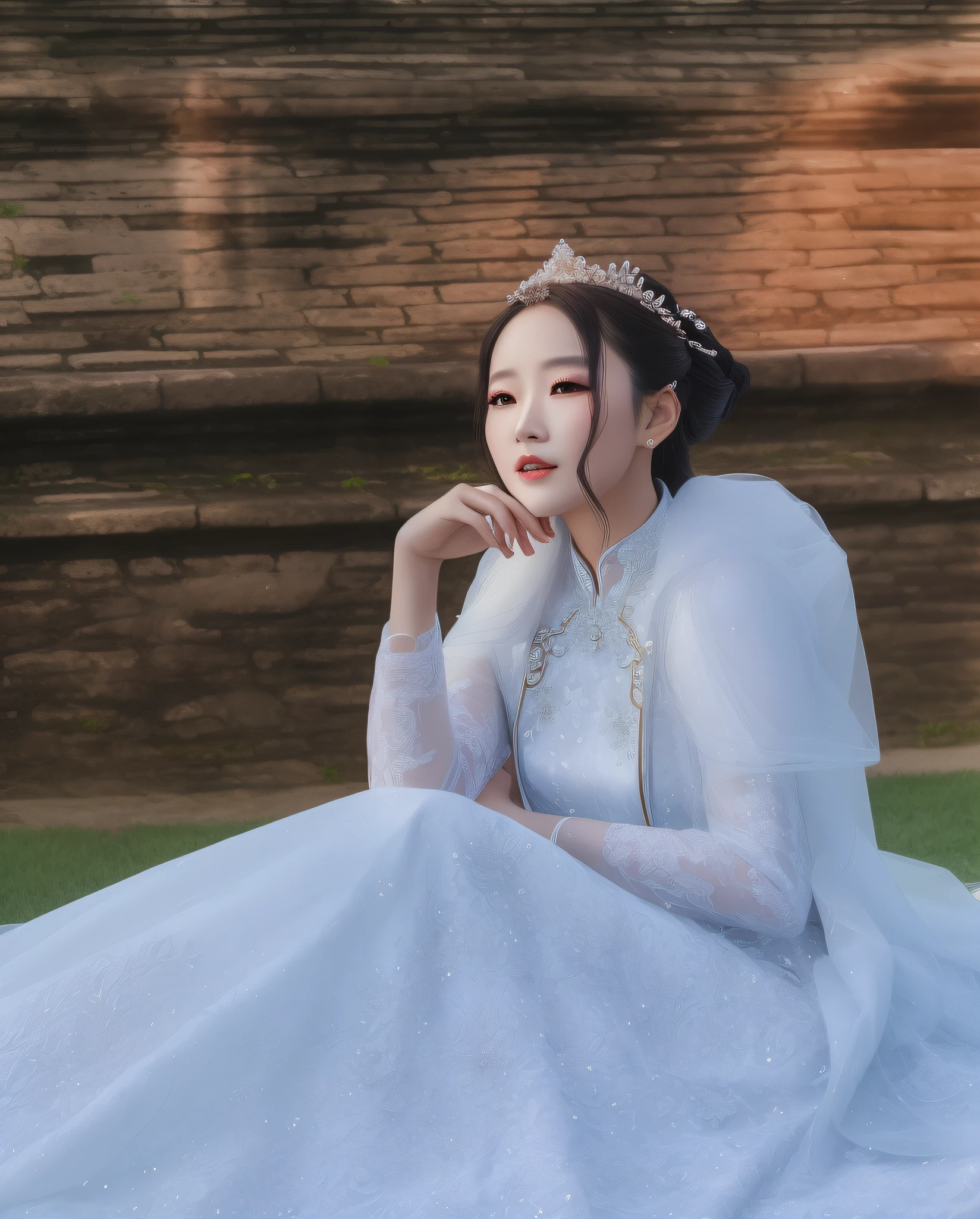 there is a woman in a wedding dress sitting on the grass, ao dai, in style of lam manh, real photoshoot queen of oceans, inspired by Huang Ji, glimmering, ethereal!!!!!!!, royal elegant pose, white gown, inspired by Tang Yifen, white regal gown, captured on canon eos r 6, ethereal fairytale, inspired by Jin Nong