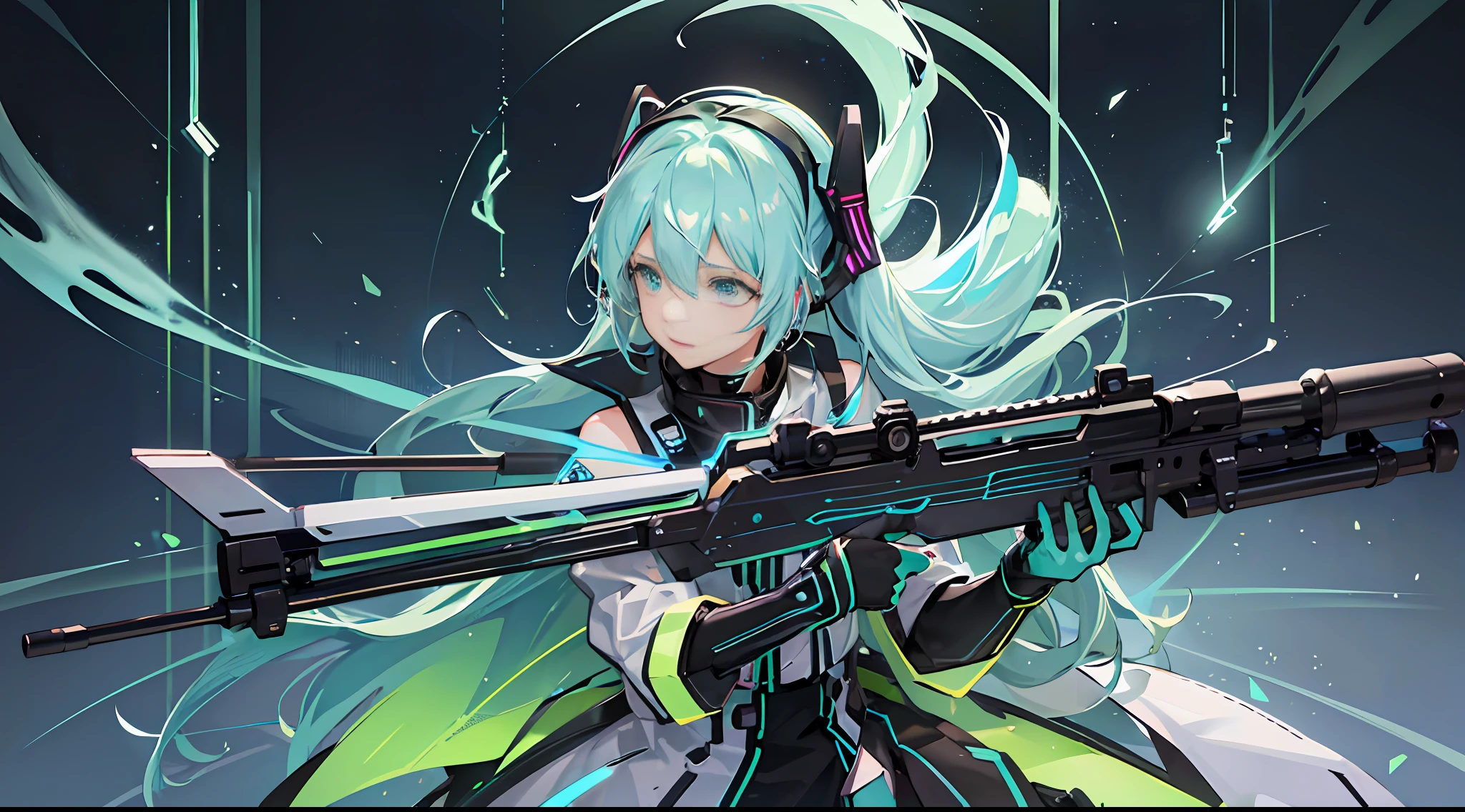 (High quality): Hatsune Miku (Soul Song Version), Electro, Backlit Stroke, Glass Light, Brilliant (Glow Color), (Rhythm Glow, Soft Glow: 0.8), (Flow Smoke: 1.2), Black Leather, White Glow, Barrett Sniper Rifle (Magazine), Static Pose, Neon World, HD Texture, Visual Impact, Modernity