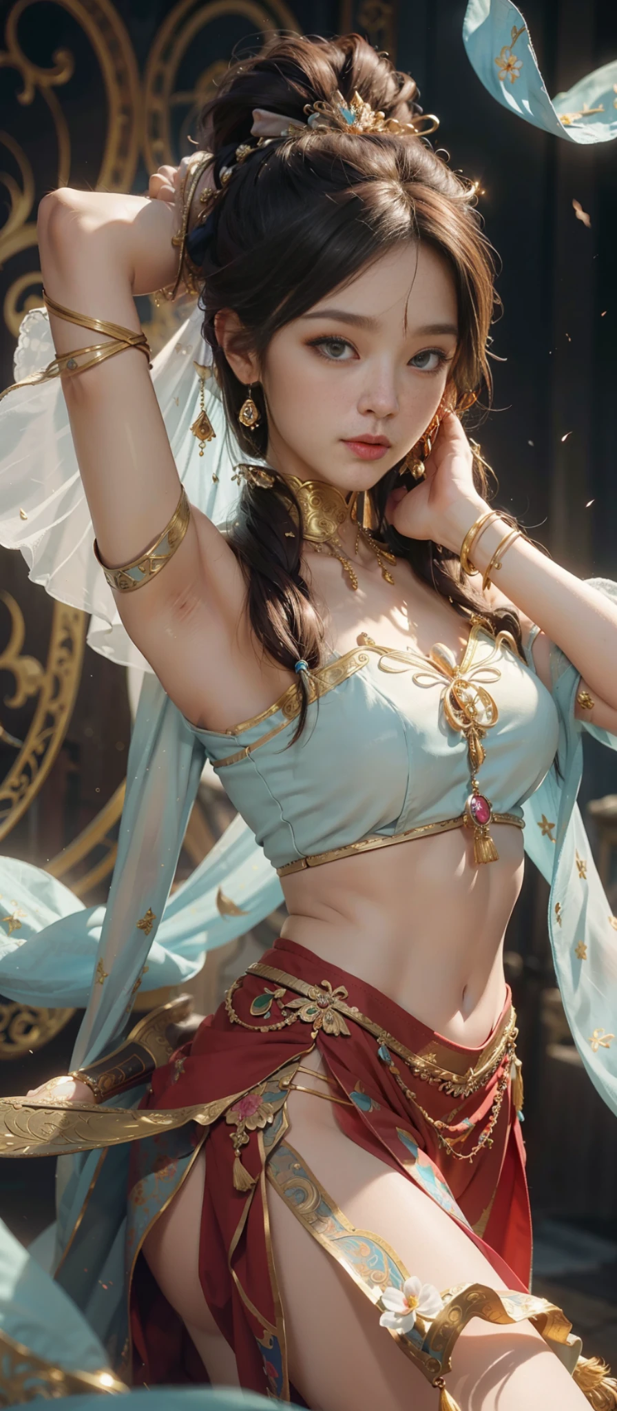 Dunhuang style, 1girle, (realistic, photorealistic real: 1.3), extremely delicate beautiful girl, supple fair skin, delicate facial features, perfect face, light makeup, peach blossom eye makeup, enchanting sexy pose, sexy collarbone, delicate hands, delicate eyelashes, delicate eyes, bare shoulders, stunning beauty, extreme details, realistic details, best quality, highly detailed, masterpiece, shoulders, navel, flying fairy, Dunhuang mural in background, dance, Buddhist musical instrument in hand, brunette hair, very long hair, hair accessory, ribbon, portrayed hand detailing, hair bubbles, flowers on head, gradient eyes, smile, surrealism, high detail, romanticism, cinematic lighting, glitter, reflected light, uhd, retina, masterpiece, super detail, textured skin, anatomically correct, high detail, best quality, high resolution, high quality, award-winning, 8K