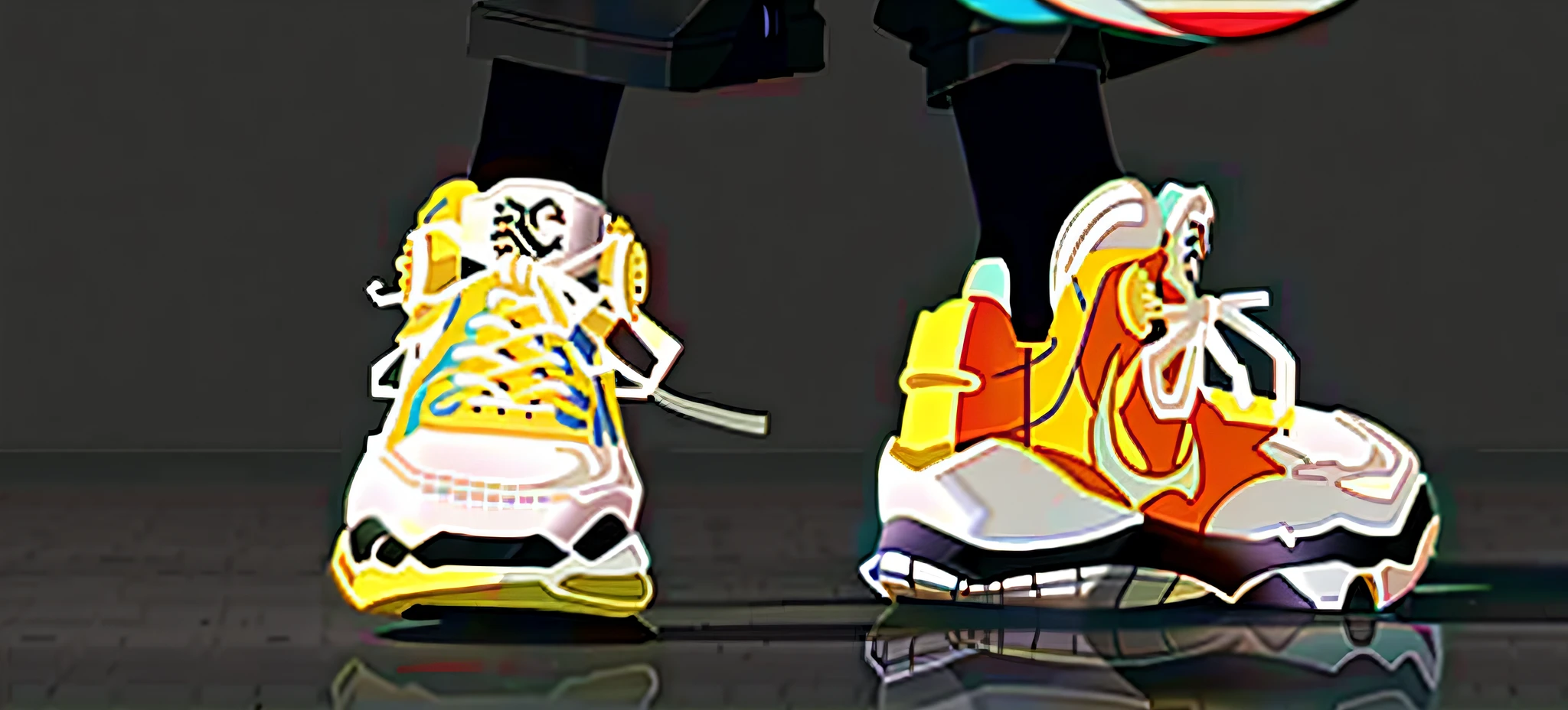 Shoes, HD, partial, there is a person standing on a pair of shoes with bag, basketball sneaker concept art, sneaker design, laces, stylized anime with Splatoon style, combat shoes, low detail. Digital painting, sneakers, anime style 3D, hyperdetail. Digital painting, cartoon rendering keyboard shooting, highly stylized, trainer shoes, focus only on sneakers, extra details More details