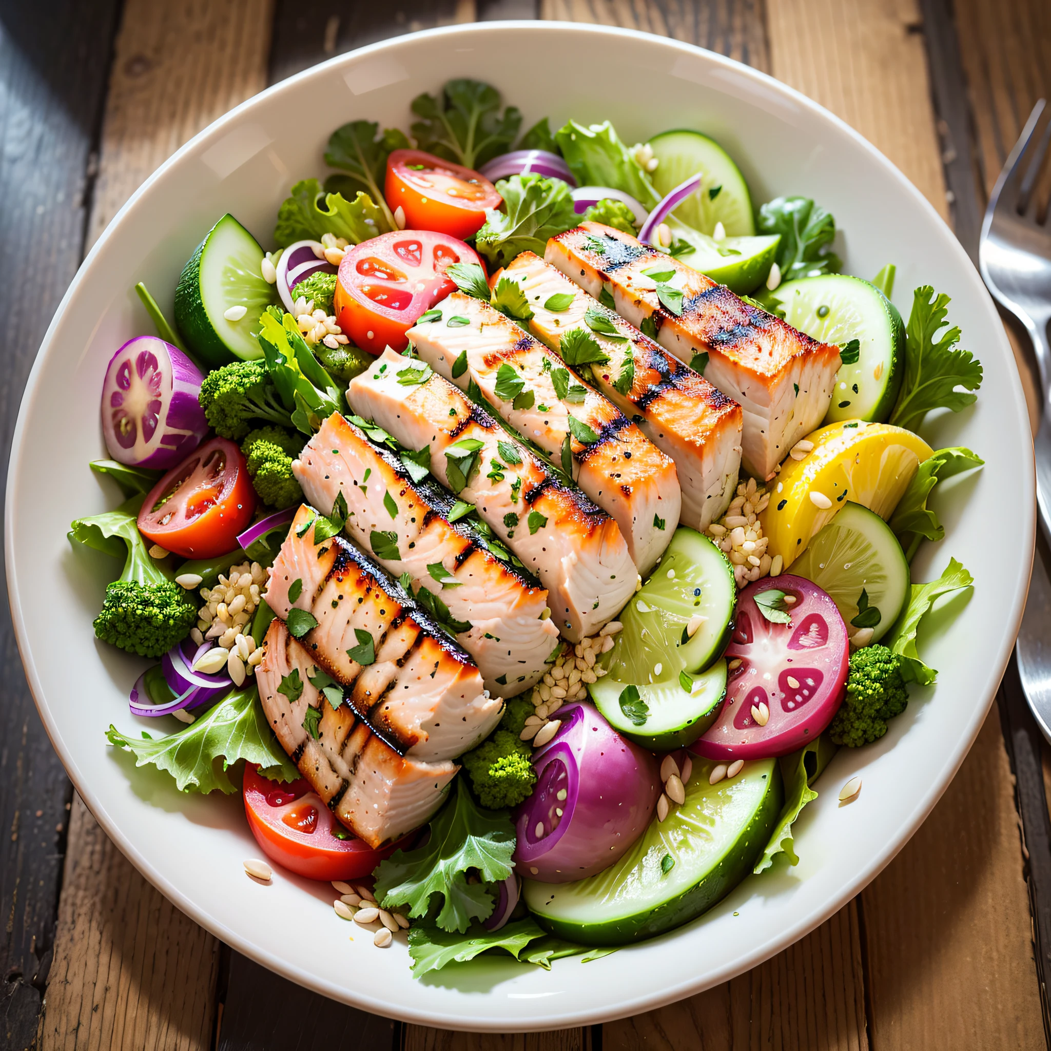 An inspiring image of a colorful and nutritious salad dish, with a variety of fresh ingredients such as leafy greens, sliced vegetables, grains and a protein option such as grilled chicken or salmon. The image should convey a sense of health, vitality and well-being. --auto --s2