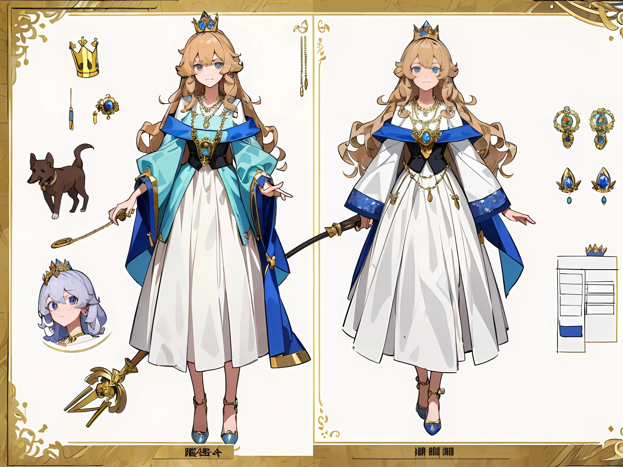 (Masterpiece, best quality) detailed, character sheet, character sheet, many items (the same person, crown, necklace, scepter, shoes, decoration, many parts, hunting dog), princess, carefully good-looking eyes, good-looking perfect face, long curly hair, full of details