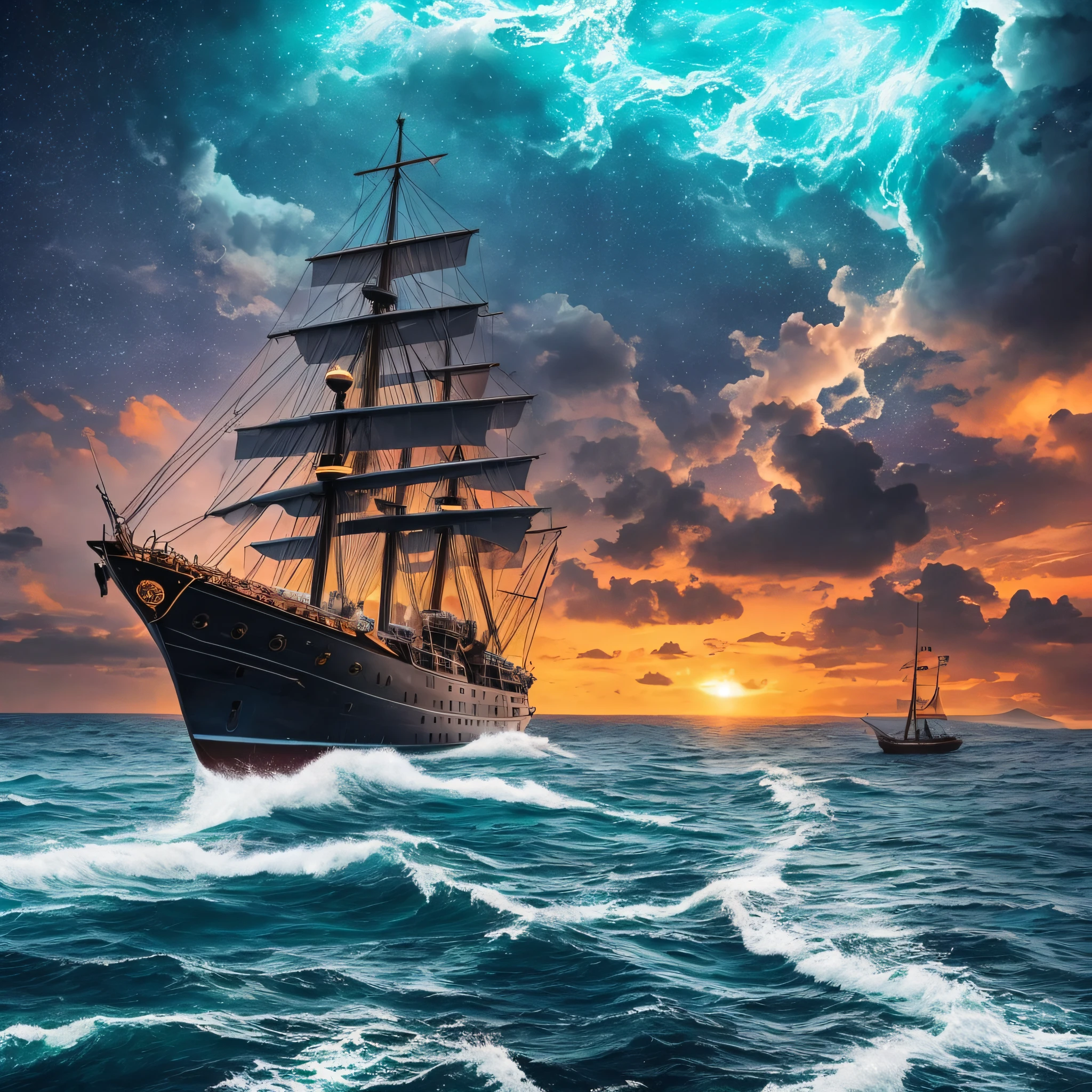 The ship is in the center of the ocean, dark night, violent storms, HD, mermaid, orange thunder background, best quality, some rocks around, rocks, best ship, mermaid on ocean, best mermaid, 16k, big ship, --auto --s2