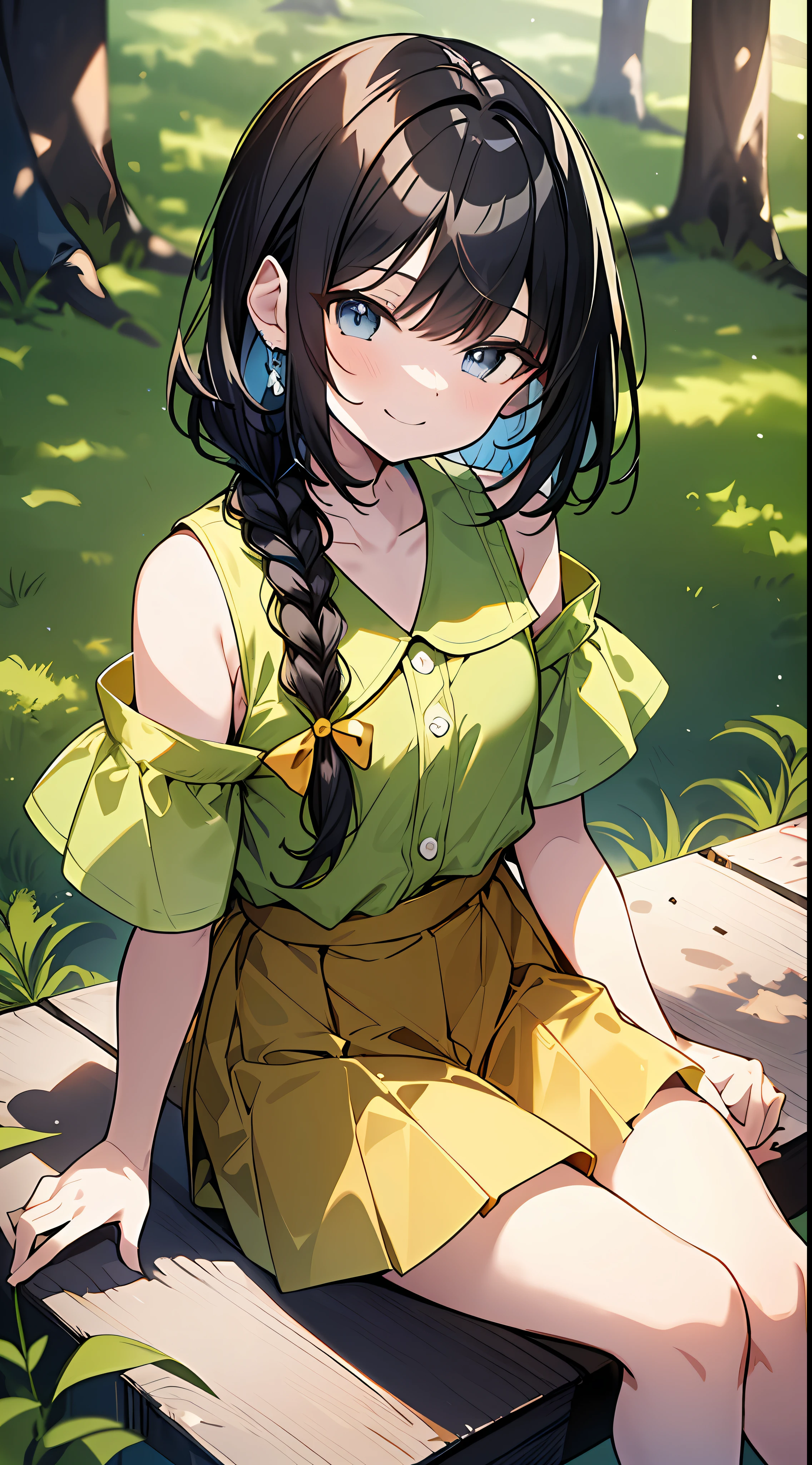 Top Quality, Masterpiece, High Resolution, 8k, Yellow Green Shirt and Skirt Anime Style Small Loli, Single, Detailed Line Art, Bright White and Bright Amber Style, Digital Enhancement, Anime Core, Flowing Fabric, Close Up, Hair Length to Shoulder and Short Braid, Seating, Beautiful Black Hair, Smiling, Looking Up Angle