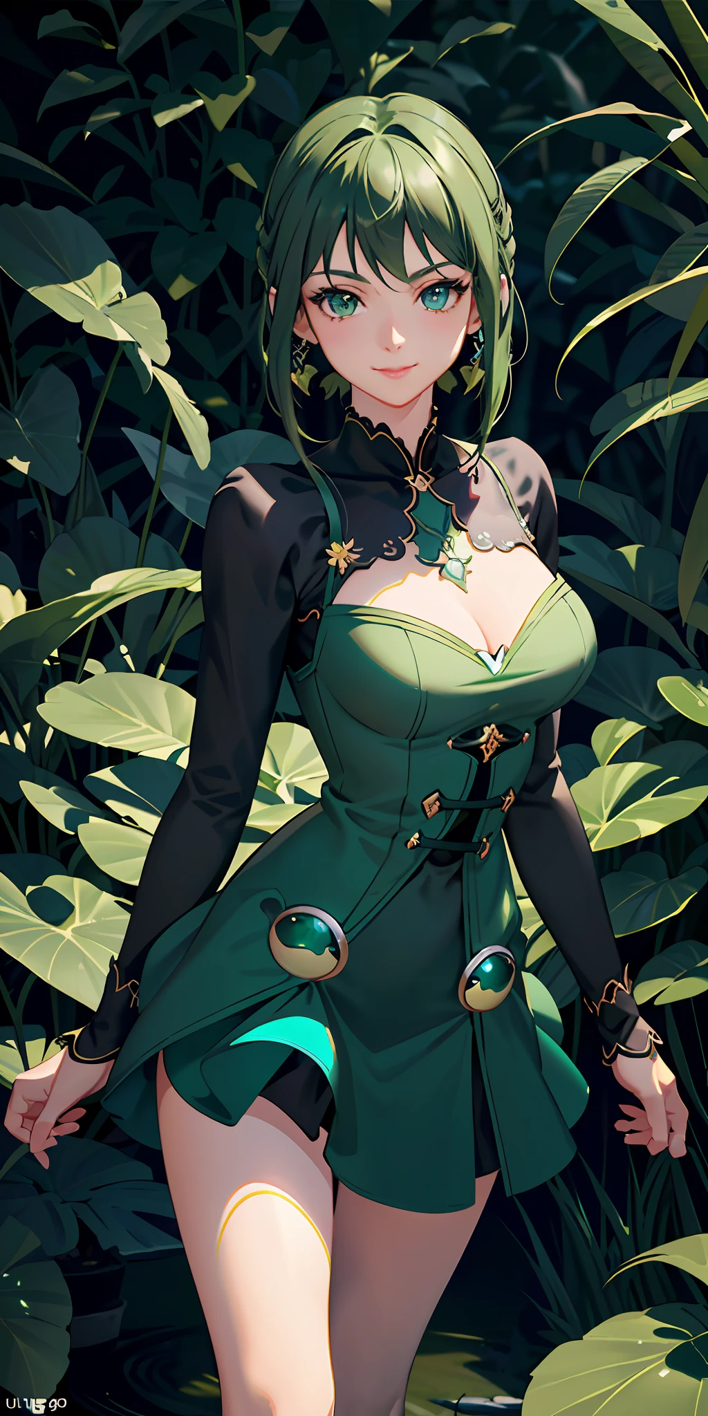 delicate and beautiful CG artwork),(best quality, ultra-detailed, high resolution),(dynamic angle, dynamic lighting),(1 character),(short black and green hair), blue eyes, beautiful face), frog, 1 girl, (long sideburns, plants, smile, black and green clothes, 3 d, frog girl