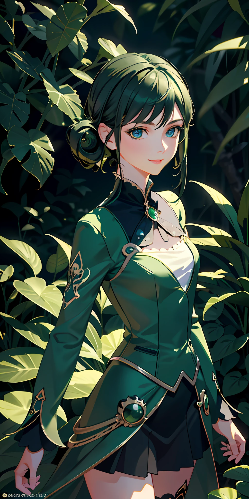 delicate and beautiful CG artwork),(best quality, ultra-detailed, high resolution),(dynamic angle, dynamic lighting),(1 character),(short black and green hair), blue eyes, beautiful face), frog, 1 girl, (long sideburns, plants, smile, black and green clothes, 3 d, frog girl