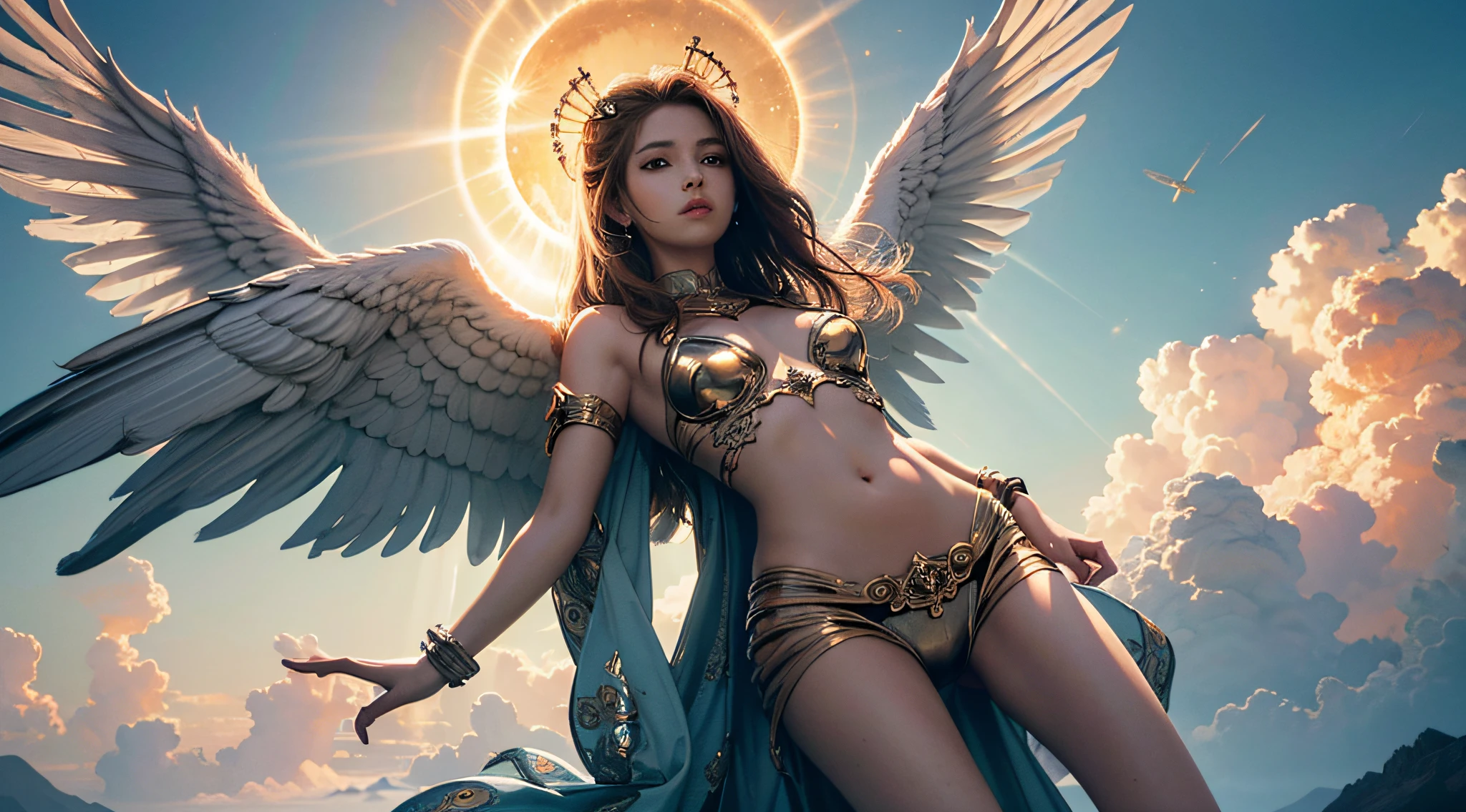 masterpiece, best quality, 8k wallpaper unit, ultra detailed, angels, solar disk, divine intervention, clouds