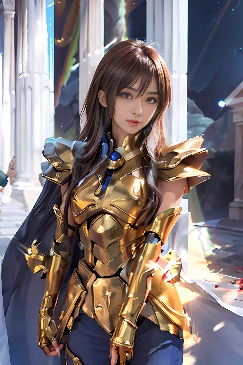 masterpiece, best quality, super high resolution, realistic skin texture, armature, realistic, high resolution, original photo, shiny skin, realistic skin texture, best lighting, sparkle, dramatic lighting, dynamic pose, greek temple background, night sky, universe, milky way, 1 girl, balanced eyes, roman skirt, breastplate, red hair, blue eyes, looking at the audience, room, smiling slightly, all over