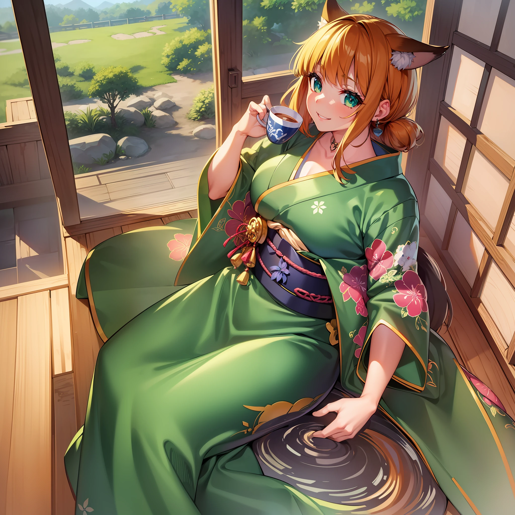 (masterpiece, hyper detailed, best quality, highres, perfect anatomy, super fine illustration, cinematic lighting, caustics, production art, beautiful face, 16K, 32K, kawaii, anime girl:1.2), from below, 1girl, beautiful big anime eye, fox ears, fox tails, kimono, Smiling holding a cup of green tea on the porch of a Japanese wooden houseJapanese room, futon, shoji