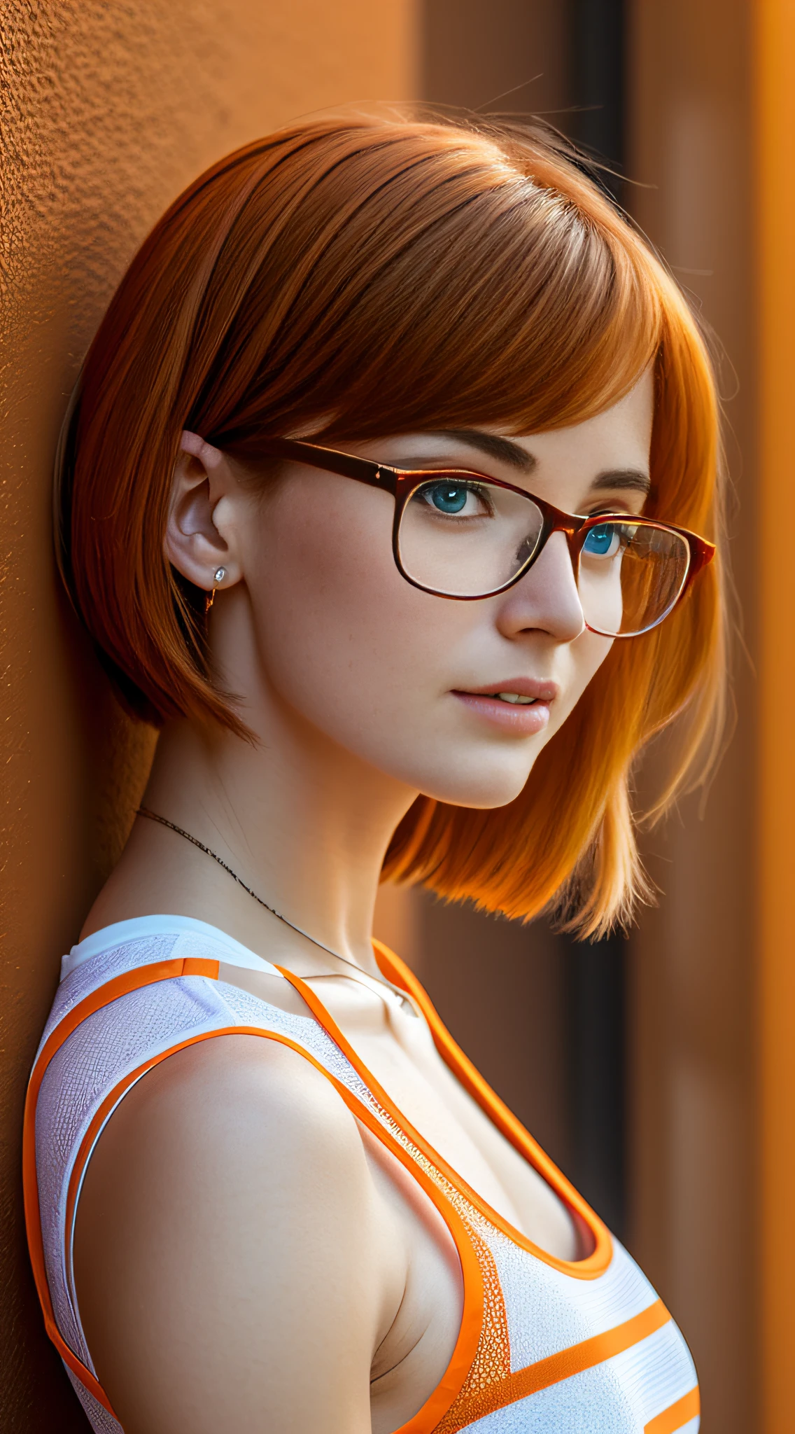 a character BEAUTIFUL 27 year old woman wearing orange glasses and PENSIVE LOOKING UP wearing a plain orange mesh t-shirt, very short and spiky orange brown hair, LEANING AGAINST AN ORANGE WALL, FULL BODY, cinematic lighting, shallow depth of field, 8k uhd, dslr, 35mm 1.8 lens, masterpiece, high quality, photorealistic, realism, hyperrealism, art photography --auto --s2