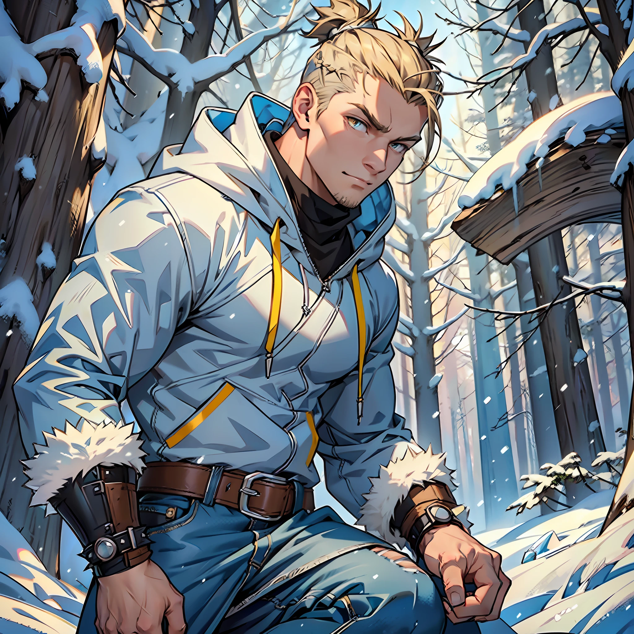 Muscular man, strong physique, gray hooded jacket, long light blue pants, white boots, spiky brown hair, spiky topknot, short hair, light yellow colored eyes, outgoing appearance, white bands on hands, excited look, forest full of snow and frozen, frozen animals, man in his 30s.