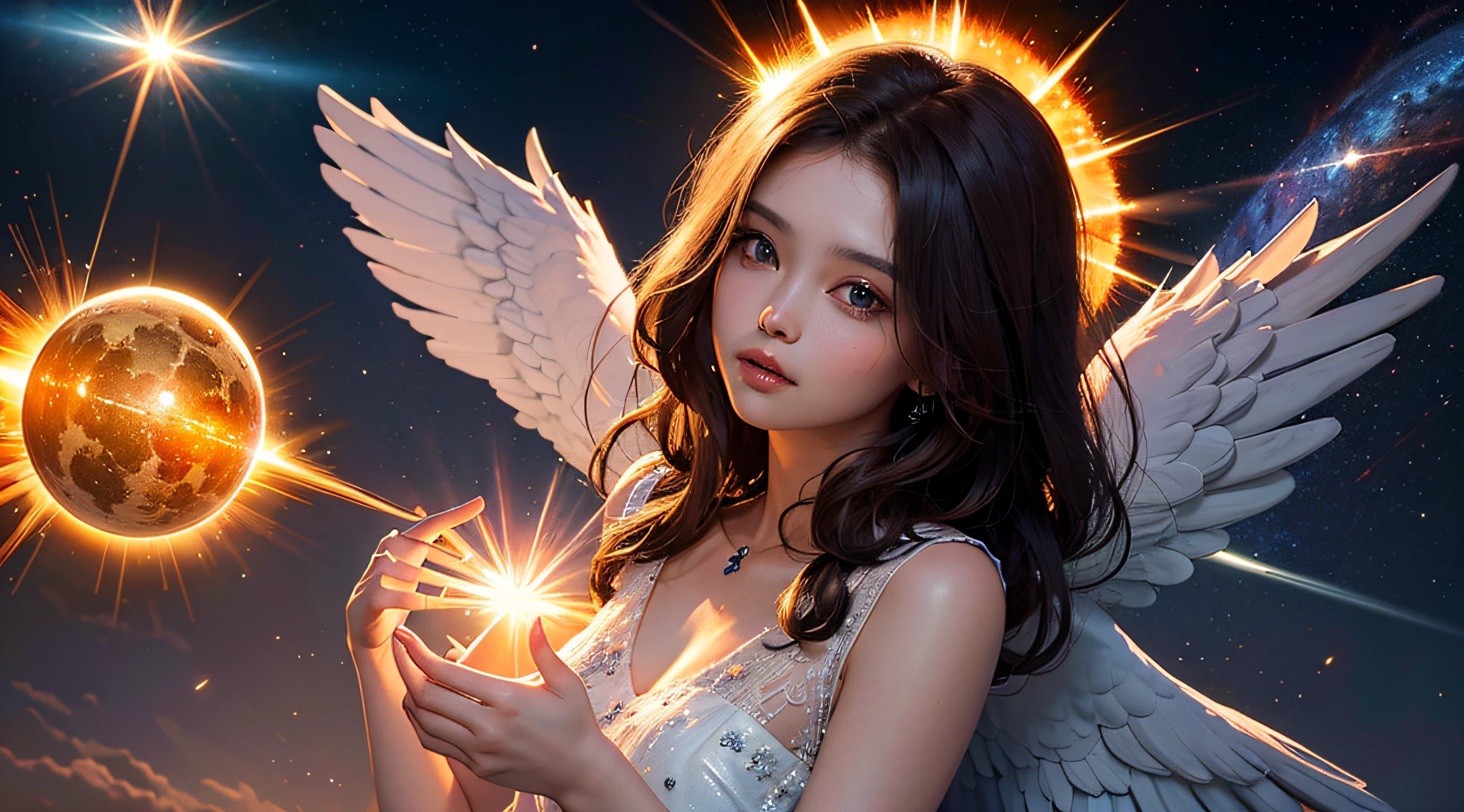 masterpiece, best quality, 8k wallpaper unit, ultra detailed, angels, solar disk, solar flare spell, divine intervention,