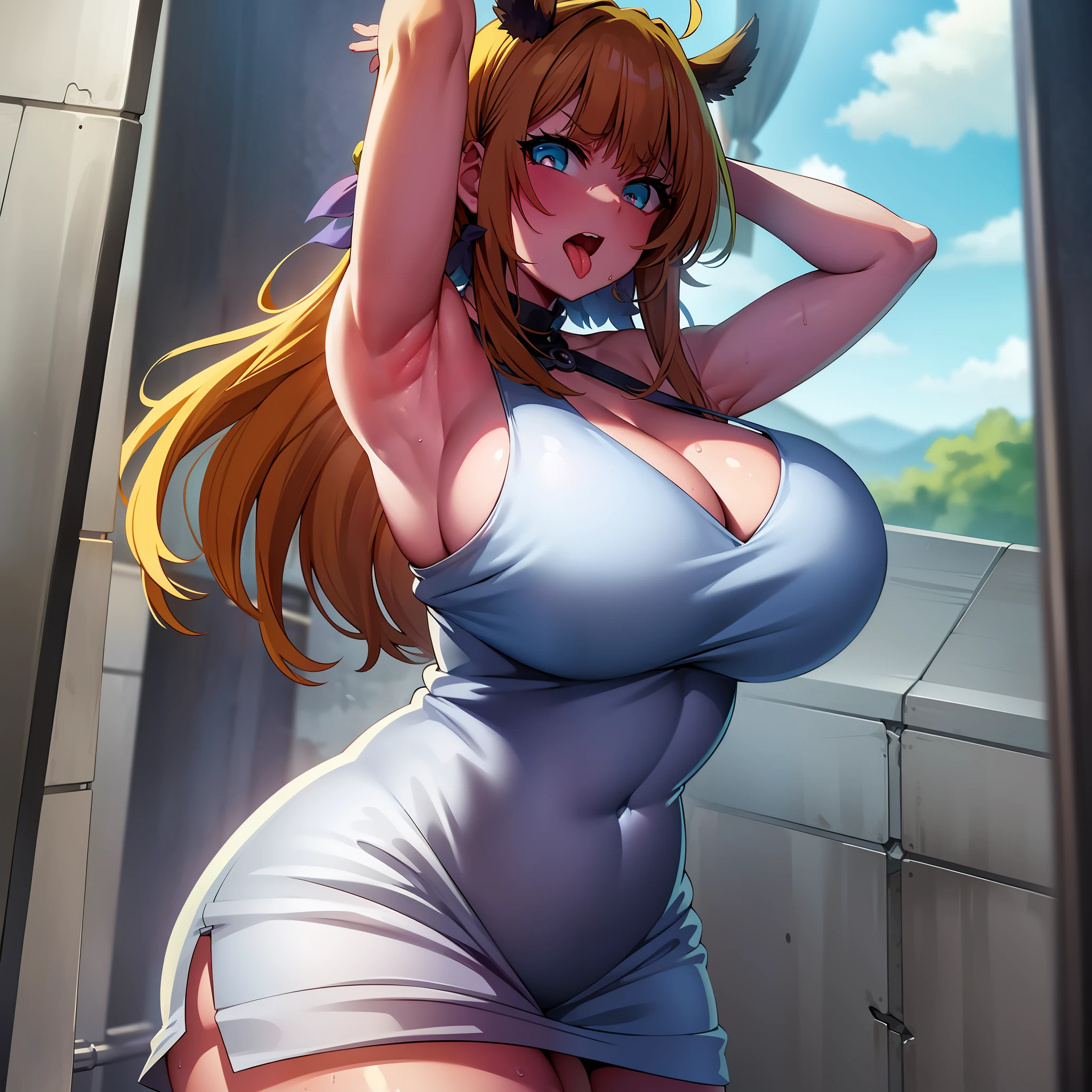 ,showing armpits,standing, open mouth,looking at viewer,sweaty,huge breasts،from front,plump,thick thighs,angry, tight dress,milf, tongue out,