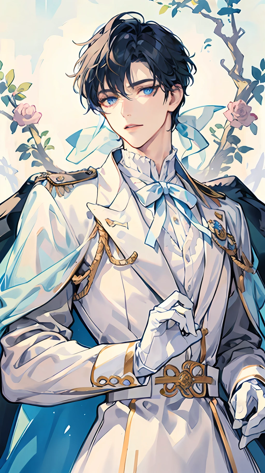 Prince, Young Man, Male, 1boy, Mature Male, Manly, portraying delicate eyes, Opal eyes, depicting delicate facial features, white uniform, white gloves, aristocratic dress, ribbon, medallion, extreme detail, delicate depiction, royalty, elegant, noble, royal dress, depth of field effect, background is palace, dramatic composition, dynamic pose, look at the camera