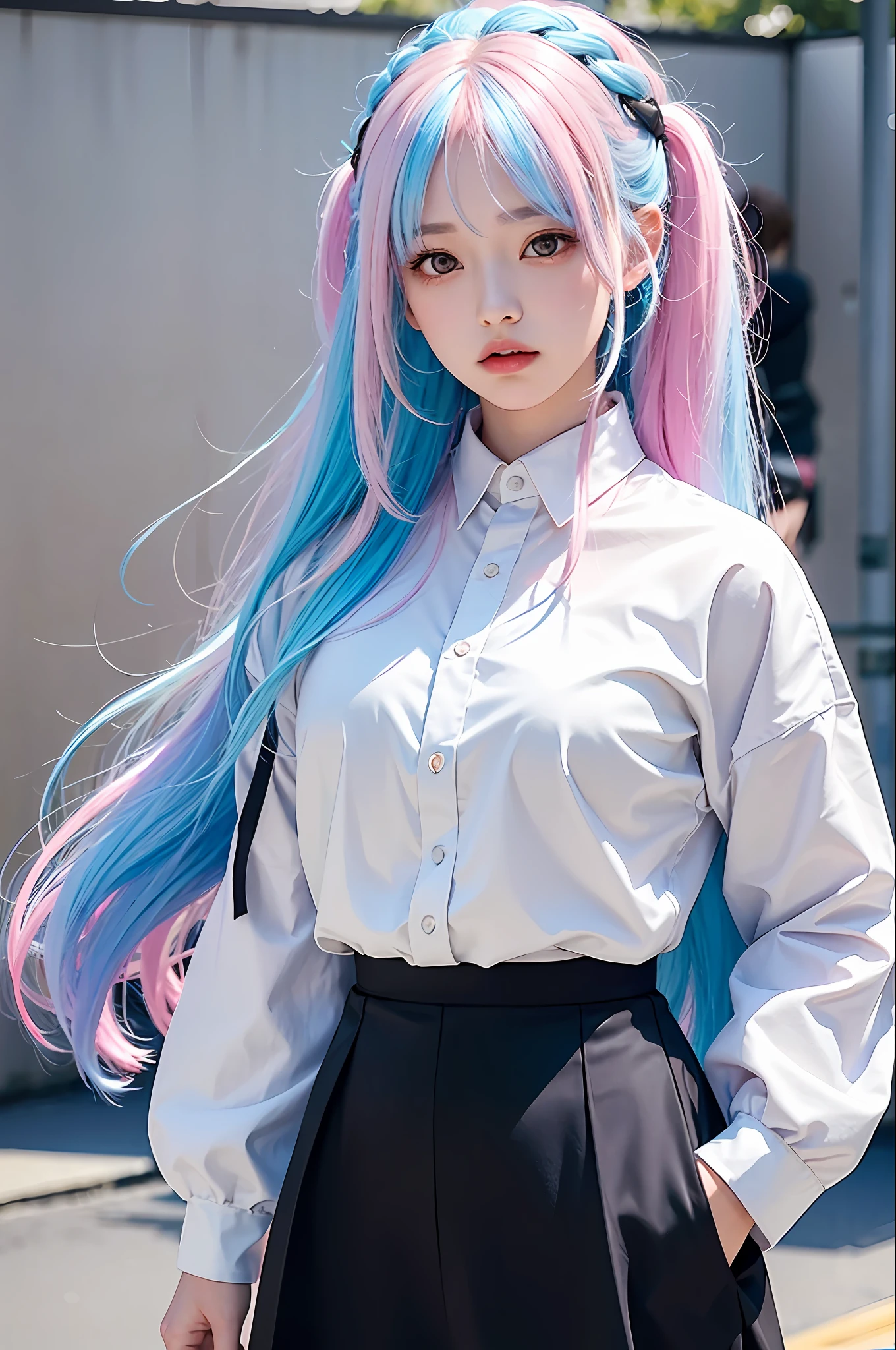 white shirt, black skirt, 1girl,solo,odango hair, flashy hair, photorealistic, high resolution, 1 girl, golden and pink and light blue hair, colorful hair color, korean, tokyo, cowboy shot,