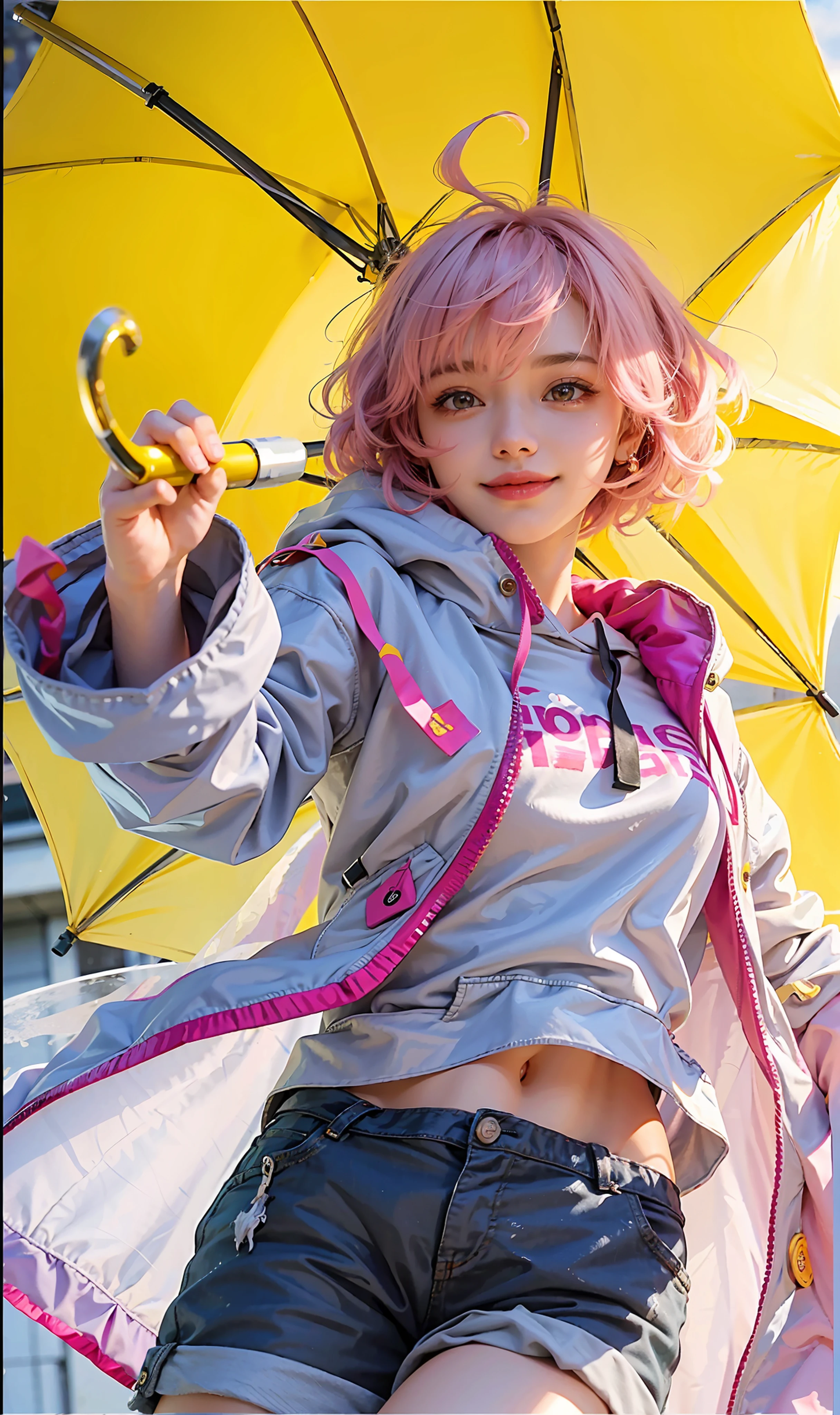 ((Top Quality, 8k, Masterpiece: 1.3)), Beauty, 1 Girl, pretty girl, blush, lovely smile, holding an yellow umbrella, short pink hair, Hoodie, dynamic colours, dynamic lighting
