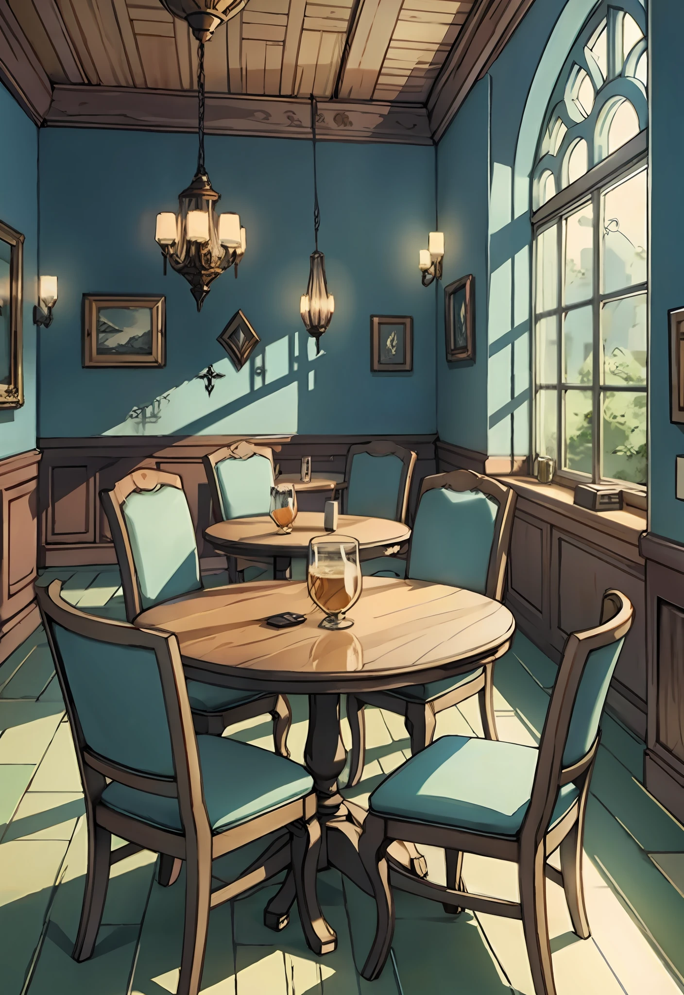 Fantasy background, cafe rpg style, empty chair, table, set of tea glass