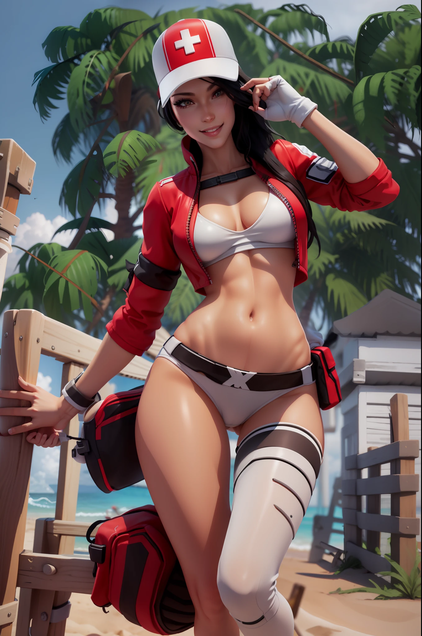 xyzremedy, white wet bikini, sexy, mascara, eyeliner, 3d render, 1girl, solo, long_hair, large breasts, black_hair, navel, brown_eyes, baseball_cap, white cross, smiling, beach, instagram, posing, looking at viewer, red jacket, open jacket, camel toe,