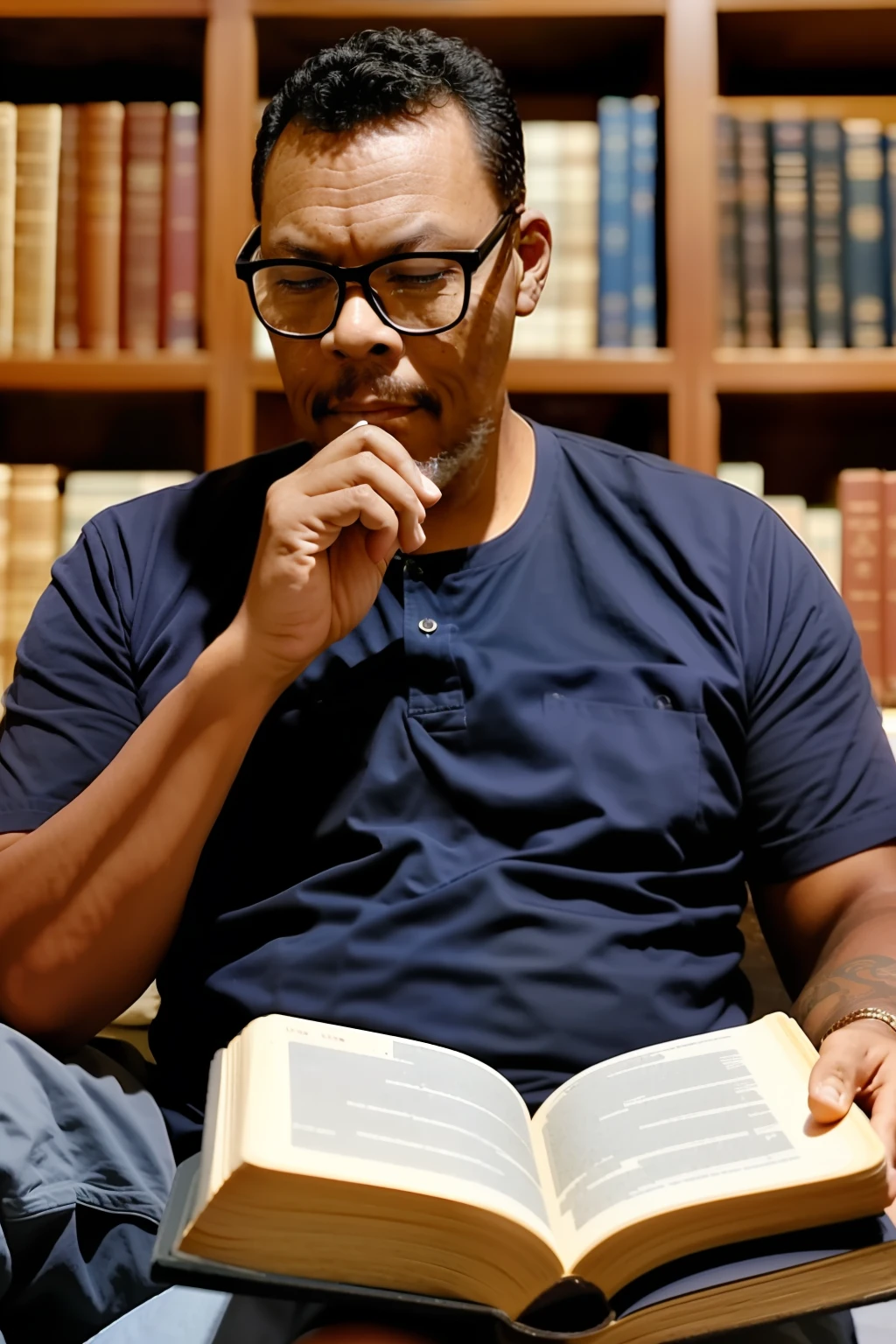 guttonerdvision4, man with glasses an old book, twilight light, warm atmosphere, cultured atmosphere