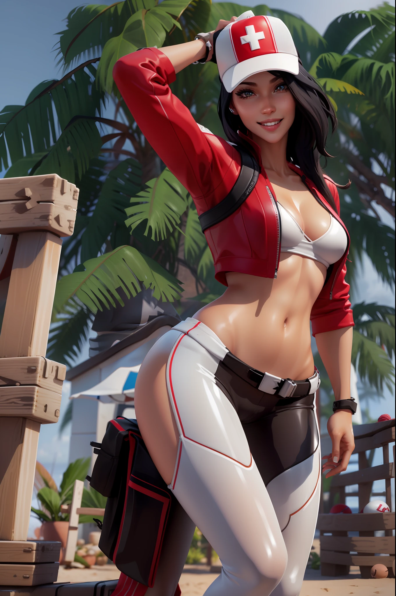 xyzremedy, white wet bikini, sexy, mascara, eyeliner, 3d render, 1girl, solo, long_hair, large breasts, black_hair, navel, brown_eyes, baseball_cap, white cross, smiling, beach, instagram, posing, looking at viewer, red jacket, open jacket, camel toe,