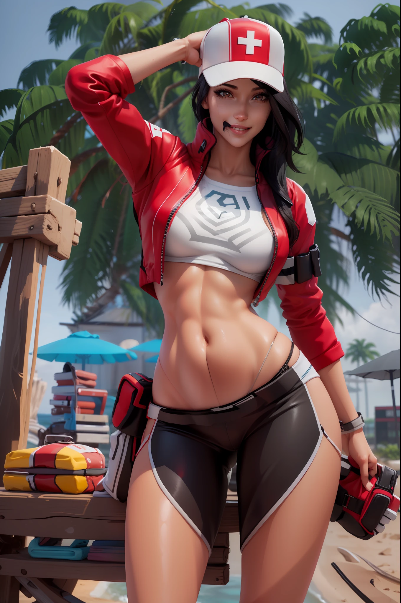 xyzremedy, white wet bikini, sexy, mascara, eyeliner, 3d render, 1girl, solo, long_hair, large breasts, black_hair, navel, brown_eyes, baseball_cap, white cross, smiling, beach, instagram, posing, looking at viewer, red jacket, open jacket, camel toe,