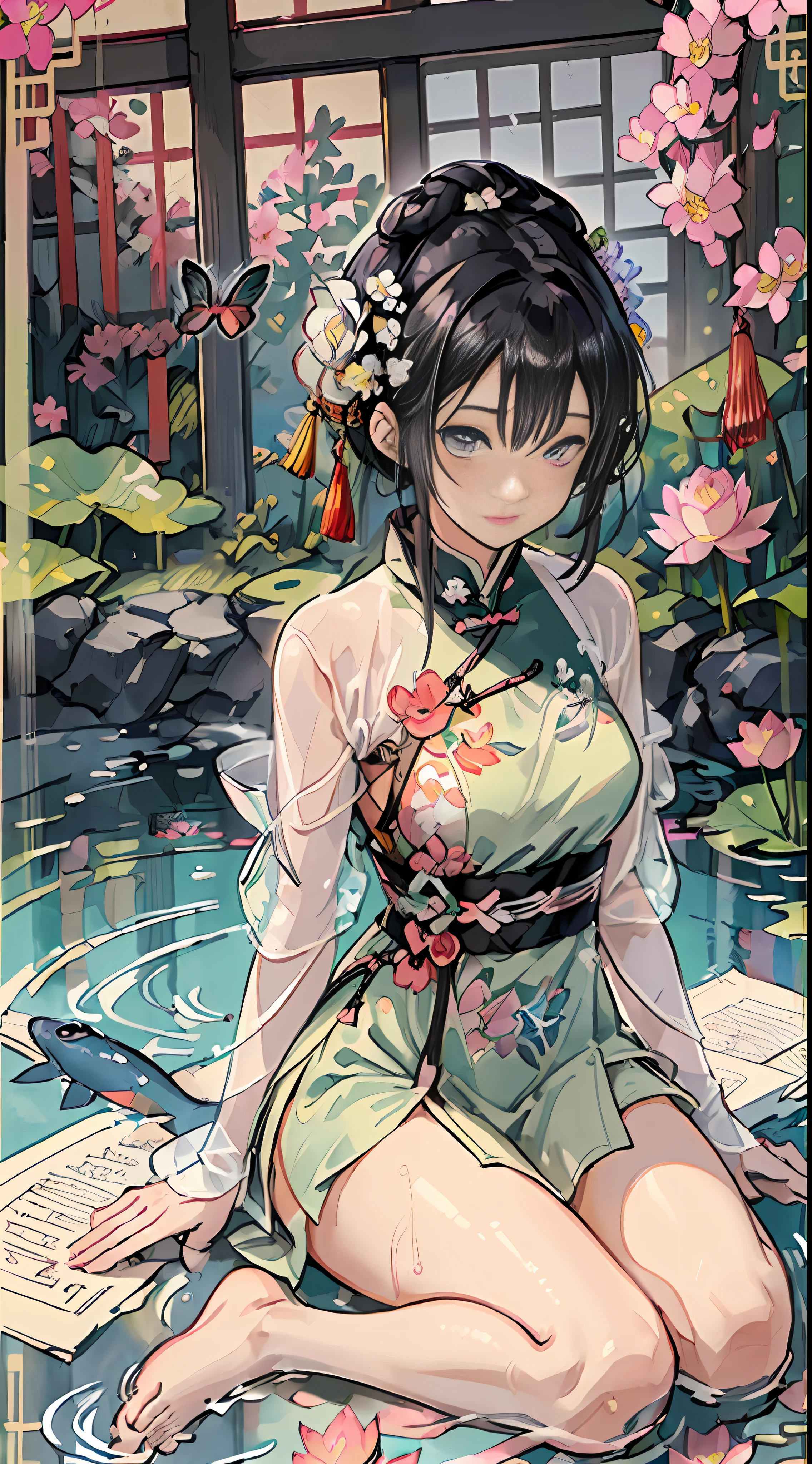(Art: Yaguru Magiku, (001Glitch-core, Dreamcore), 8sconception, Alberto-Mielgo, anime-background-style-v2, Super Quality, Vaporwave, Synth Wave, Weirdcore, dreamy, full body, (Core background: 1.25), Water ring, Visual effects: Cinematic lighting, [[red, blue, green, yellow, black, white, pink, purple, denim shot, ((color)), ink painting, delicate and beautiful girl, ((illustration)), ((floating hair)), ((chromatic aberration)]] (sitting in pool with lotus: 1.1), (barefoot: 1.0), (Chinese garden: 1.0), wet (((paper cutting art)), Chinese, red and white, paper cutting, calligraphy, man and wife, (flowers, insects and fish),