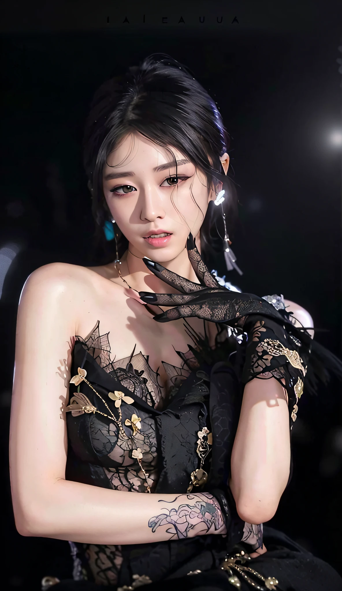 arafed woman in a black dress holding a black glove, cai xukun, inspired by Tang Yifen, gorgeous chinese model, full body xianxia, inspired by Zhang Xuan, xision wu, by Yang J, inspired by Ai Xuan, inspired by Zhang Yan, xianxia, fan bingbing, inspired by Qiu Ying