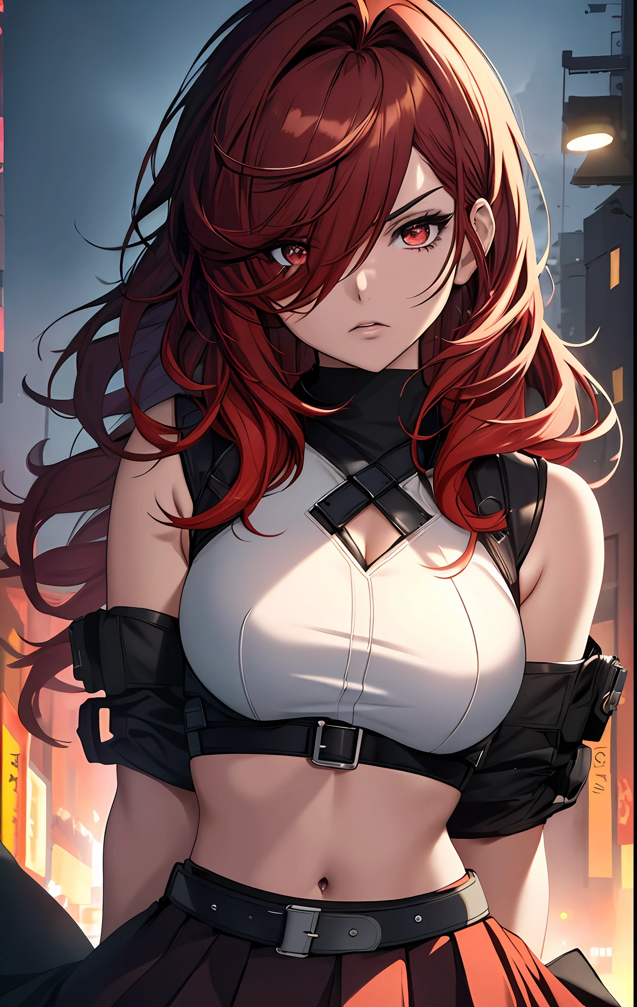 ((((dramatic))), (((gritty))), (((intense))),anime character,1girl,solo,dark red hair,tied up hairstyle, wearing gloves,wearing a crop top,wearing a skirt, modern art,hair covering eye's,, beautiful face, beautiful eye's, vibrant colors, night, highest quality digital art, Stunning art, wallpaper 4k,8k,64k, HD, unparalleled masterpiece, dynamic lighting, cinematic, epic