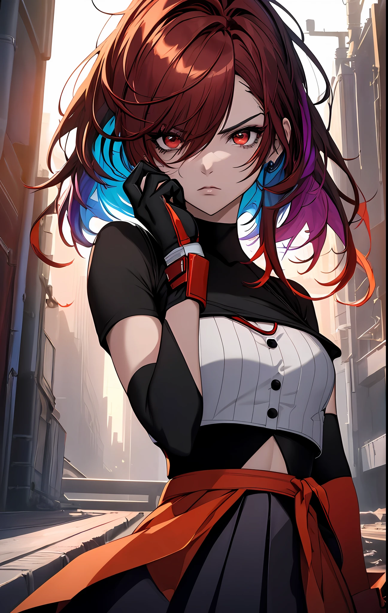 ((((dramatic))), (((gritty))), (((intense))),anime character,1girl,solo,dark red hair,tied up hairstyle, wearing gloves,wearing a crop top,wearing a skirt, modern art,hair covering eye's,, beautiful face, beautiful eye's, vibrant colors, night, highest quality digital art, Stunning art, wallpaper 4k,8k,64k, HD, unparalleled masterpiece, dynamic lighting, cinematic, epic