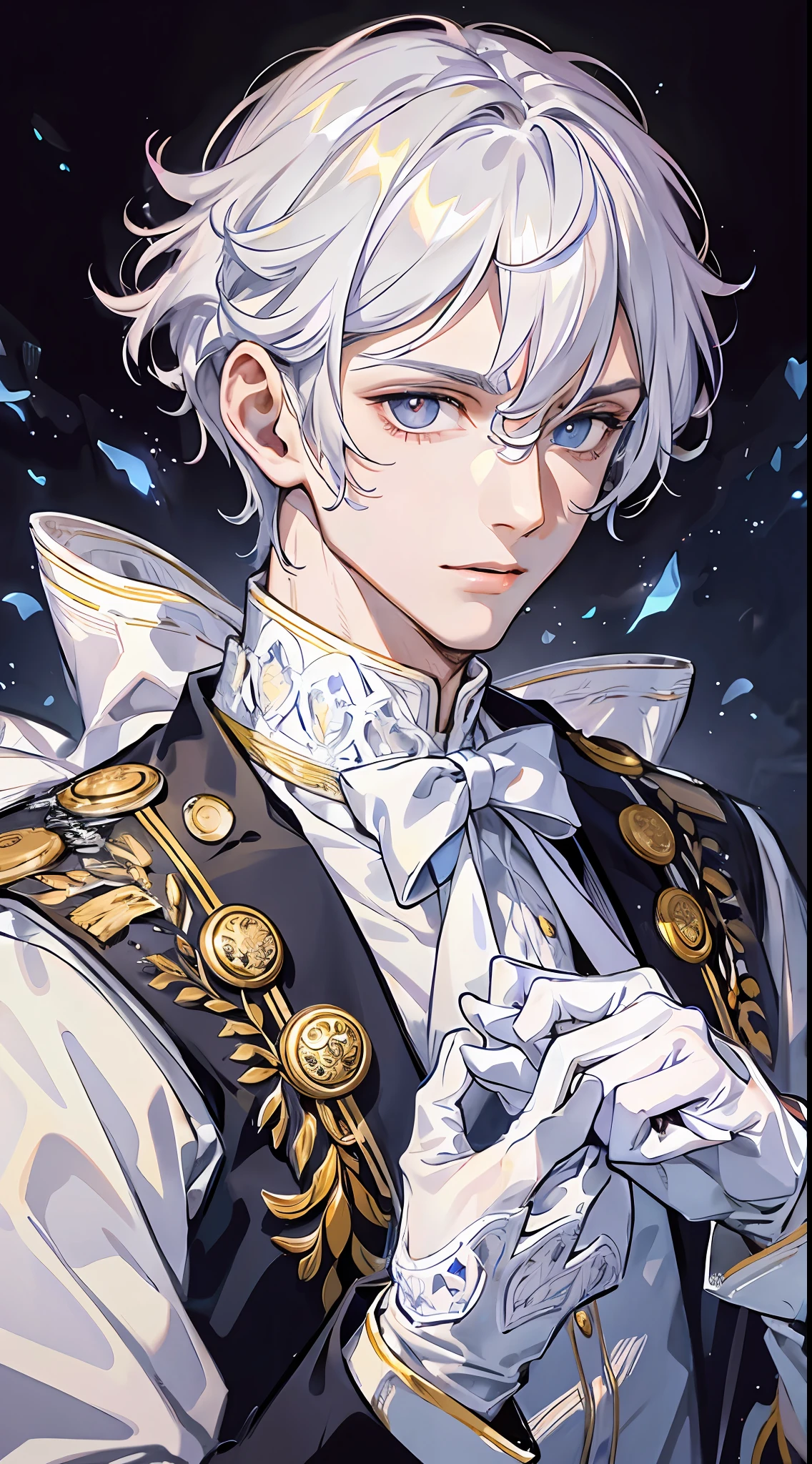 Prince, Young Man, Male, 1boy, Mature Male, Manly, portraying delicate eyes, Opal eyes, depicting delicate facial features, white uniform, white gloves, aristocratic dress, ribbon, medallion, extreme detail, delicate depiction, royalty, elegant, noble, royal dress, depth of field effect, background is palace, dramatic composition, dynamic pose, look at the camera