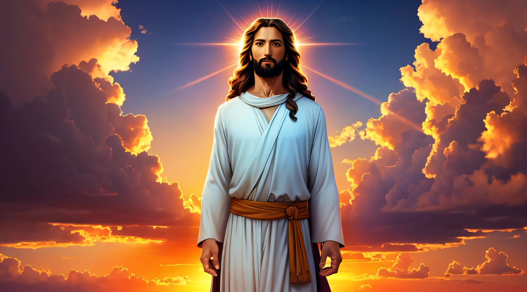 A portrait of Jesus, full body, sky, clouds, sunset, sacred aura, cinematic, realistic light