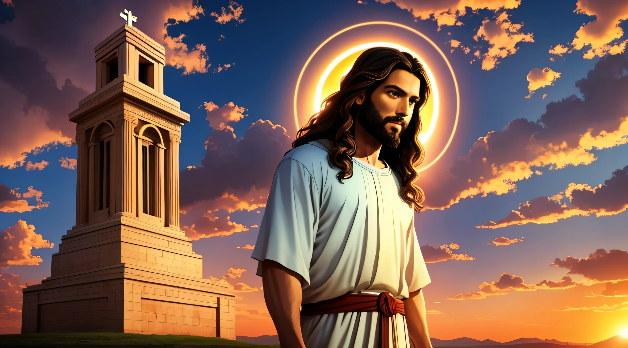 A portrait of Jesus, full body, sky, clouds, sunset, sacred aura, cinematic, realistic light