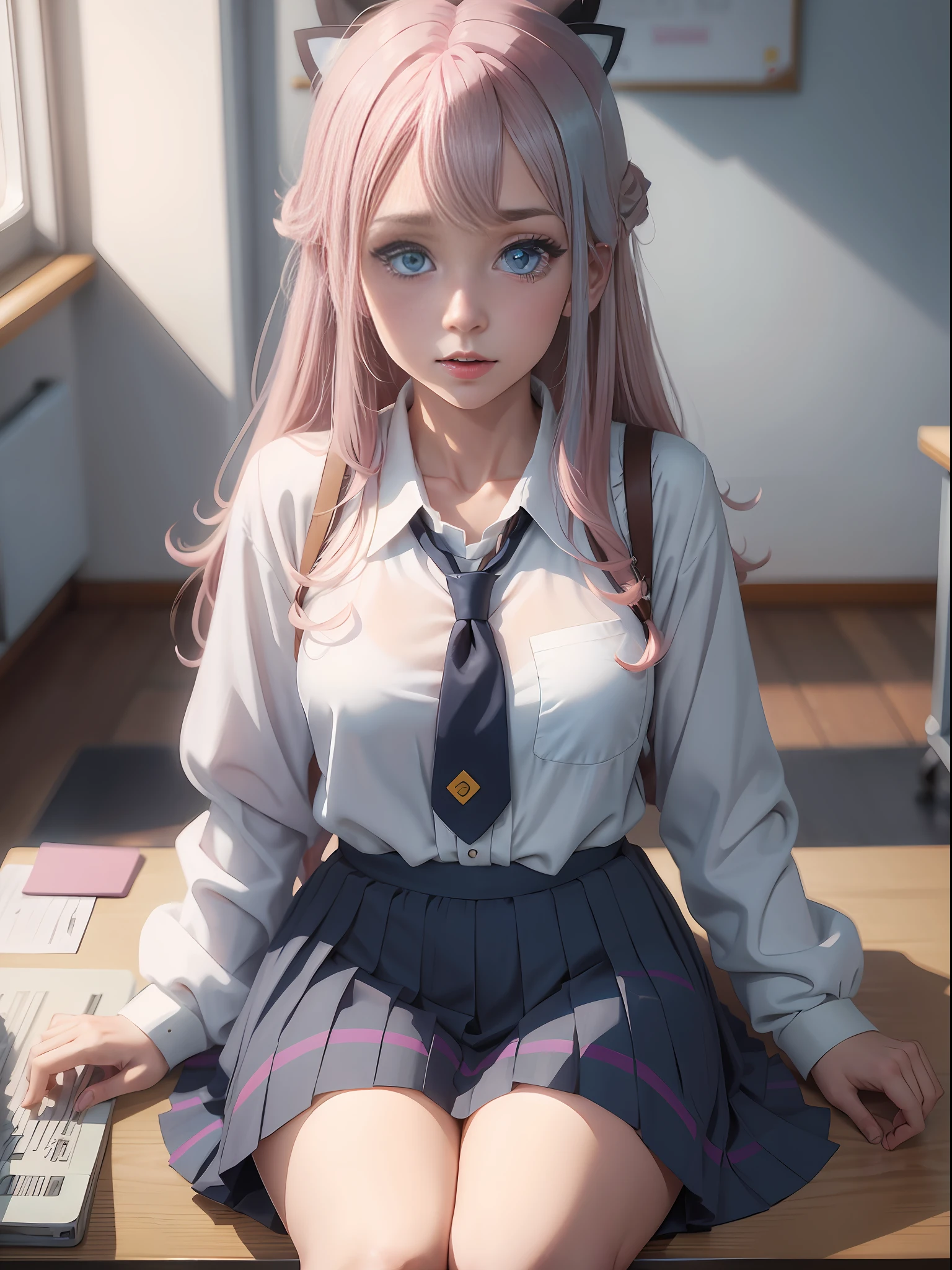 {{loli}},{solo},{light pink hair},{{heterochromia blue yellow}},{{blue eyes}},{{yellow eyes}},big ahoge,long messy hair,floating hair,pink halo,white shirt with cyan tie,black pleated_skirt,hime cut,{sleepy},classroom,