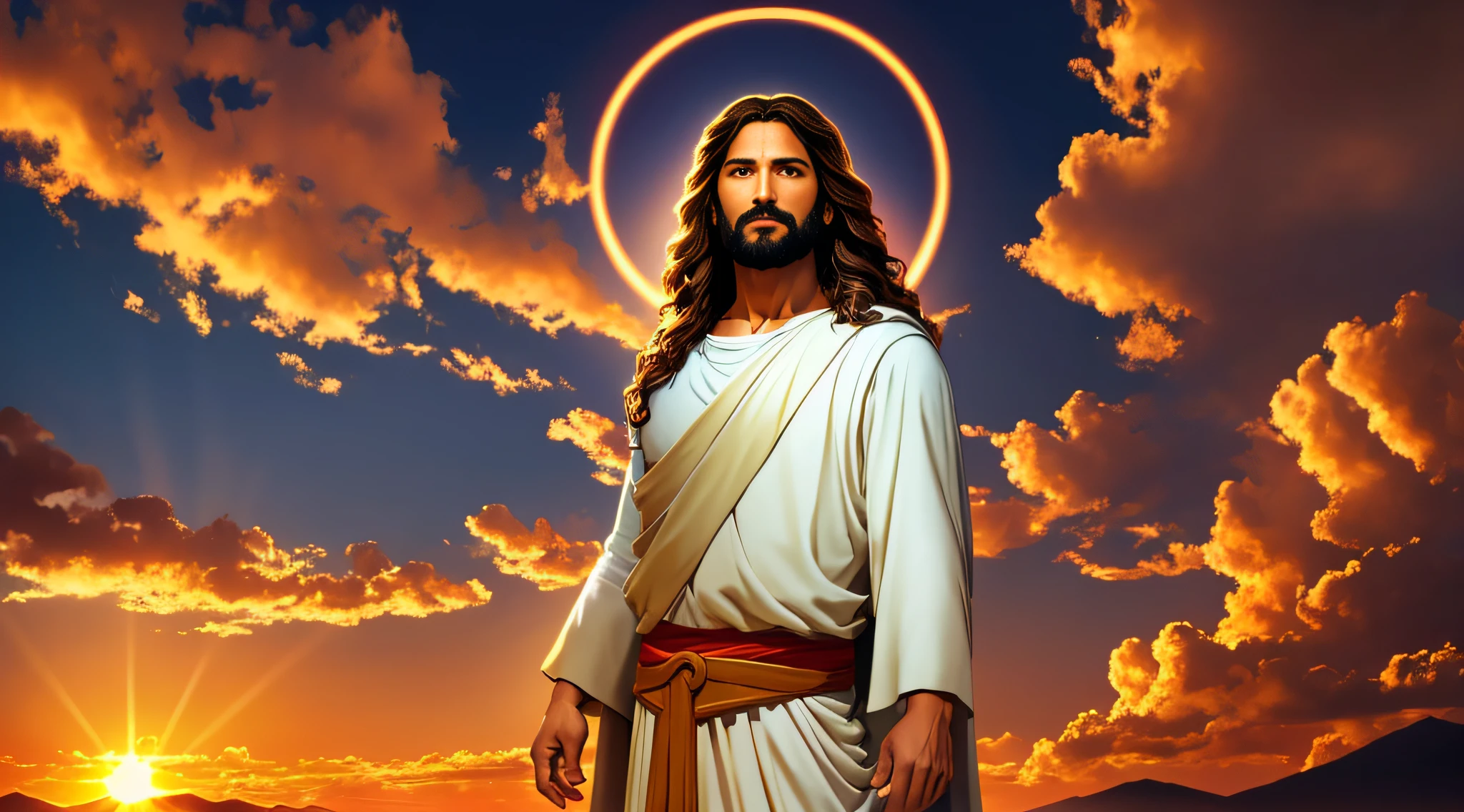 A portrait of Jesus, full body, sky, clouds, sunset, sacred aura, cinematic, realistic light